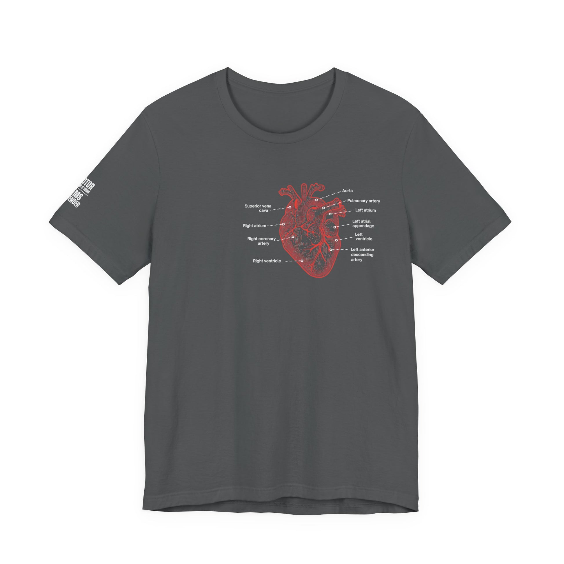 Gray t-shirt with a red anatomical heart design by Rotor Wash & Wear and EMS Avenger