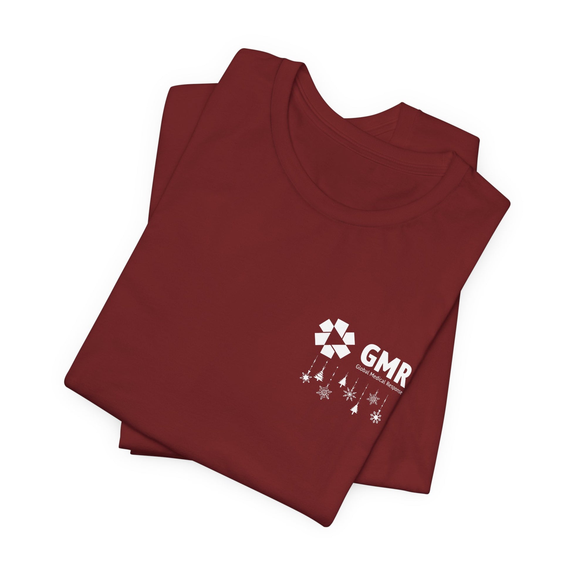 Folded maroon t-shirt with GMR logo and Christmas ornaments by Rotor Wash & Wear