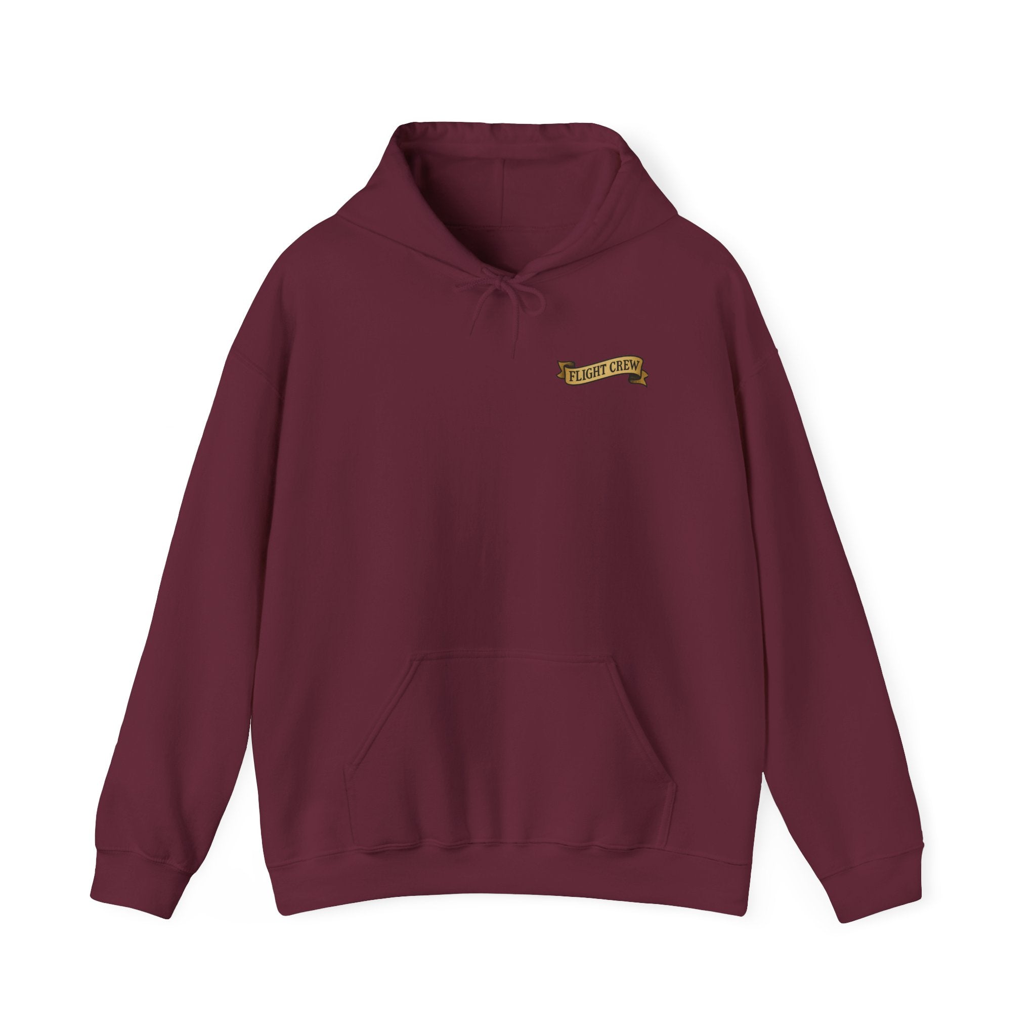 Maroon hoodie with a small ribbon on the chest with the text "flight crew" against a white background