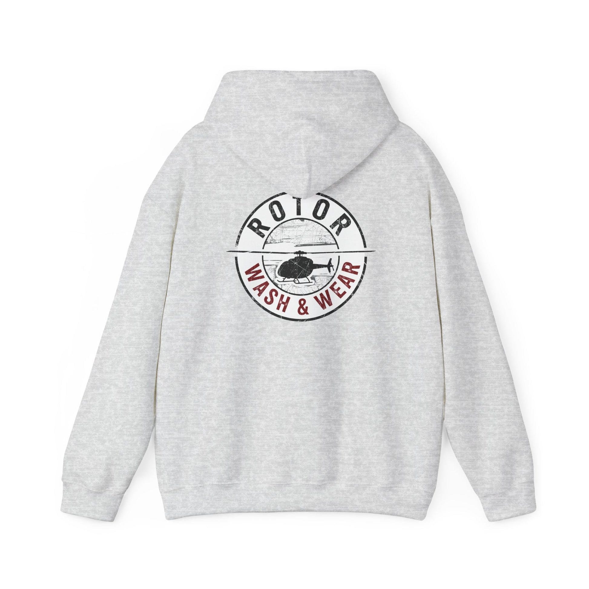 Gray hoodie with 'Rotor Wash & Wear' logo on the back against a white background