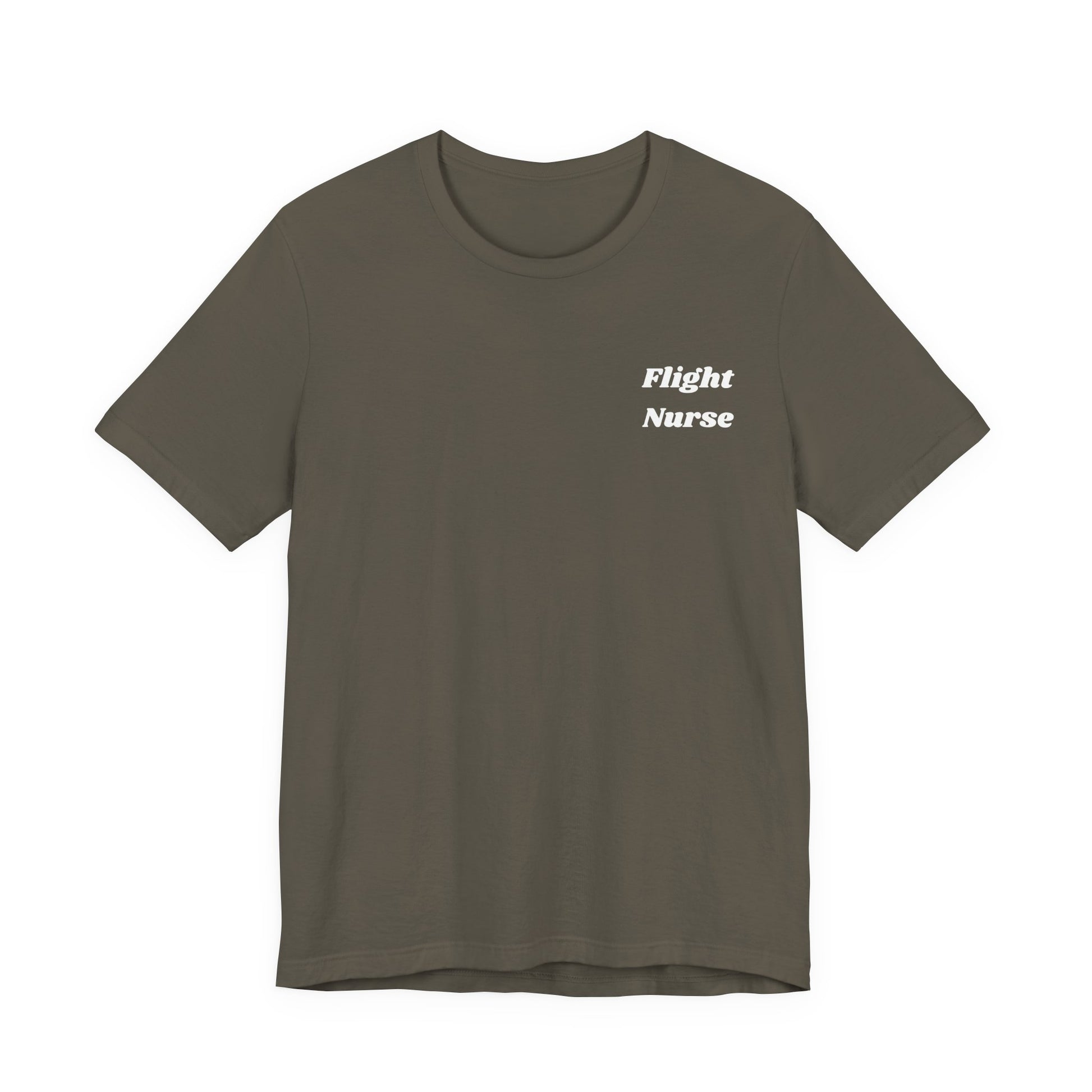 Gray t-shirt with 'Flight Nurse' text on a white background