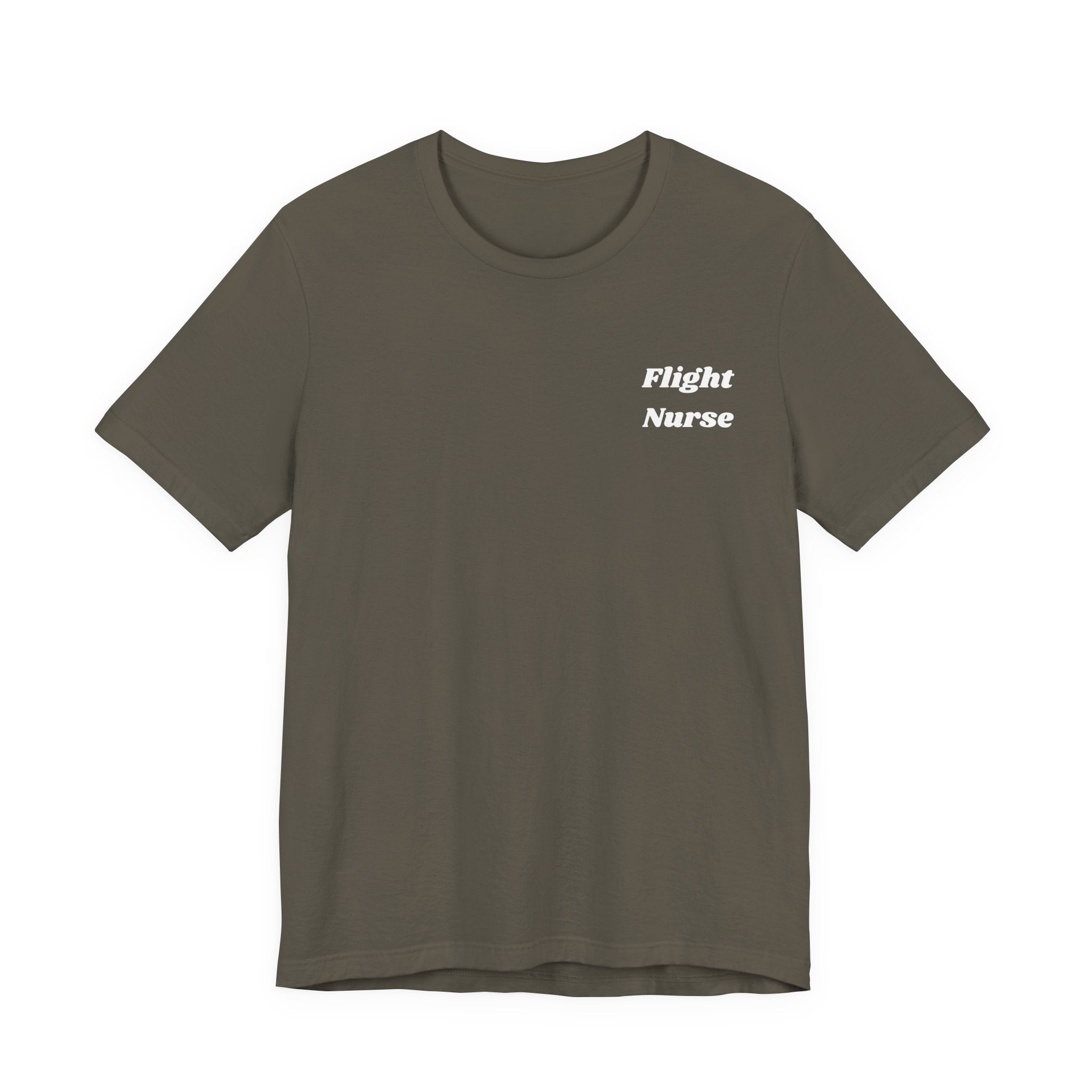 Gray t-shirt with 'Flight Nurse' text on a white background
