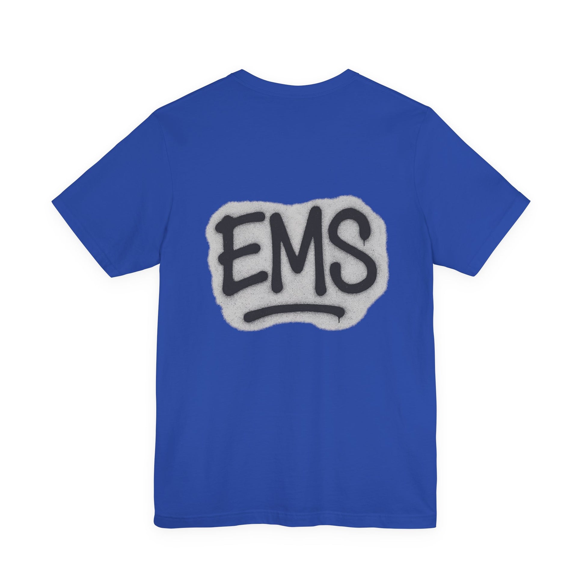 Blue t-shirt with graffiti style 'EMS' logo on the back against a white background