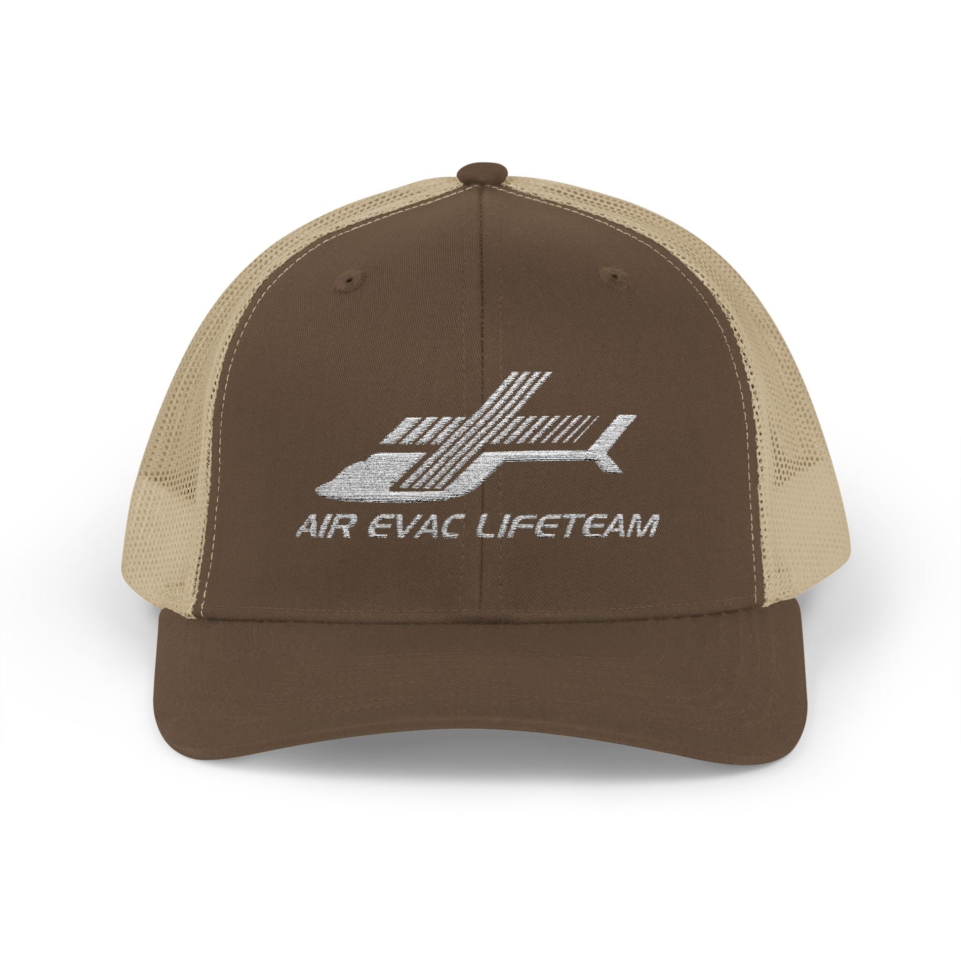 Brown and beige cap with 'Air Evac Lifeteam' logo on a white background