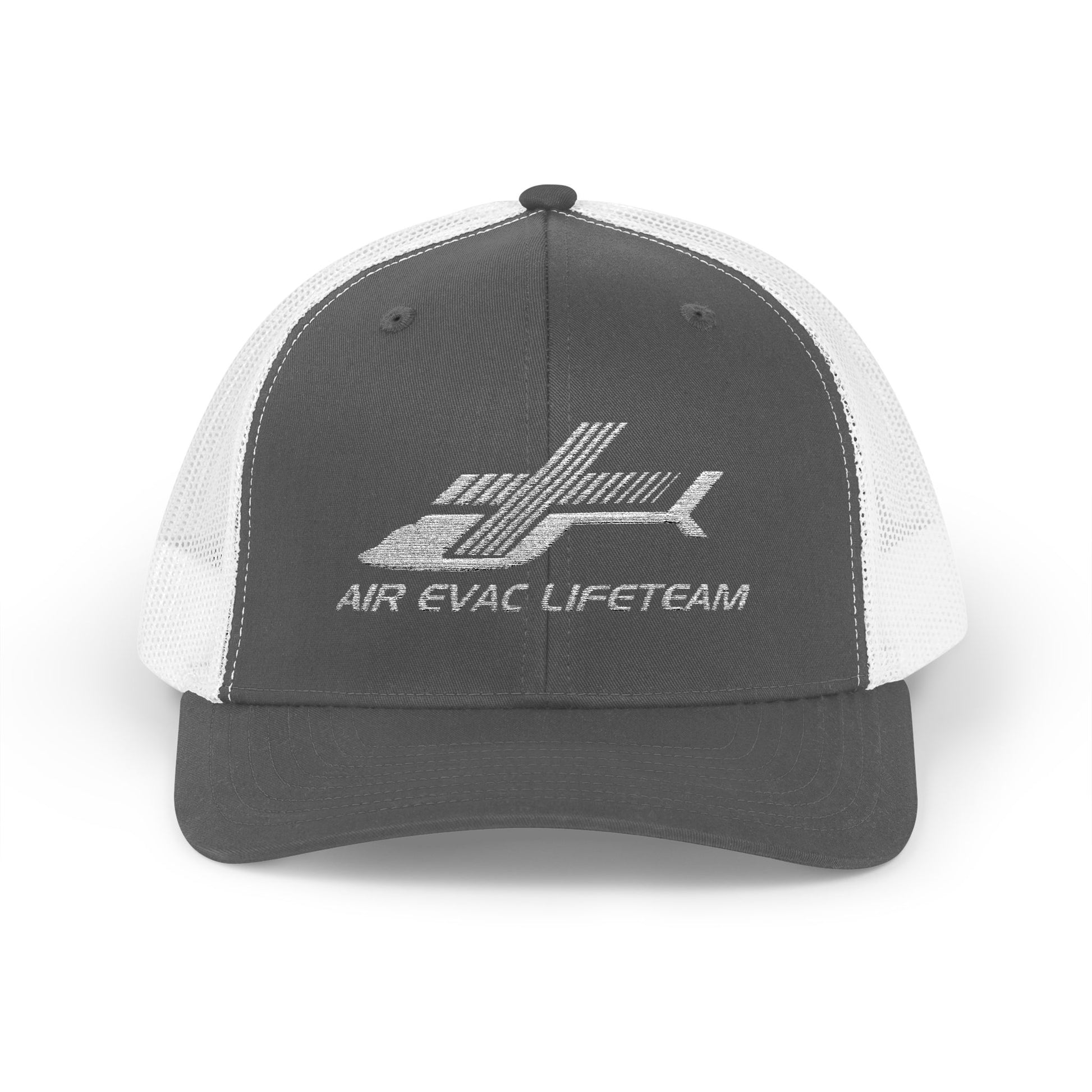 Gray and white cap with 'Air Evac Lifeteam' embroidered logo on a white background