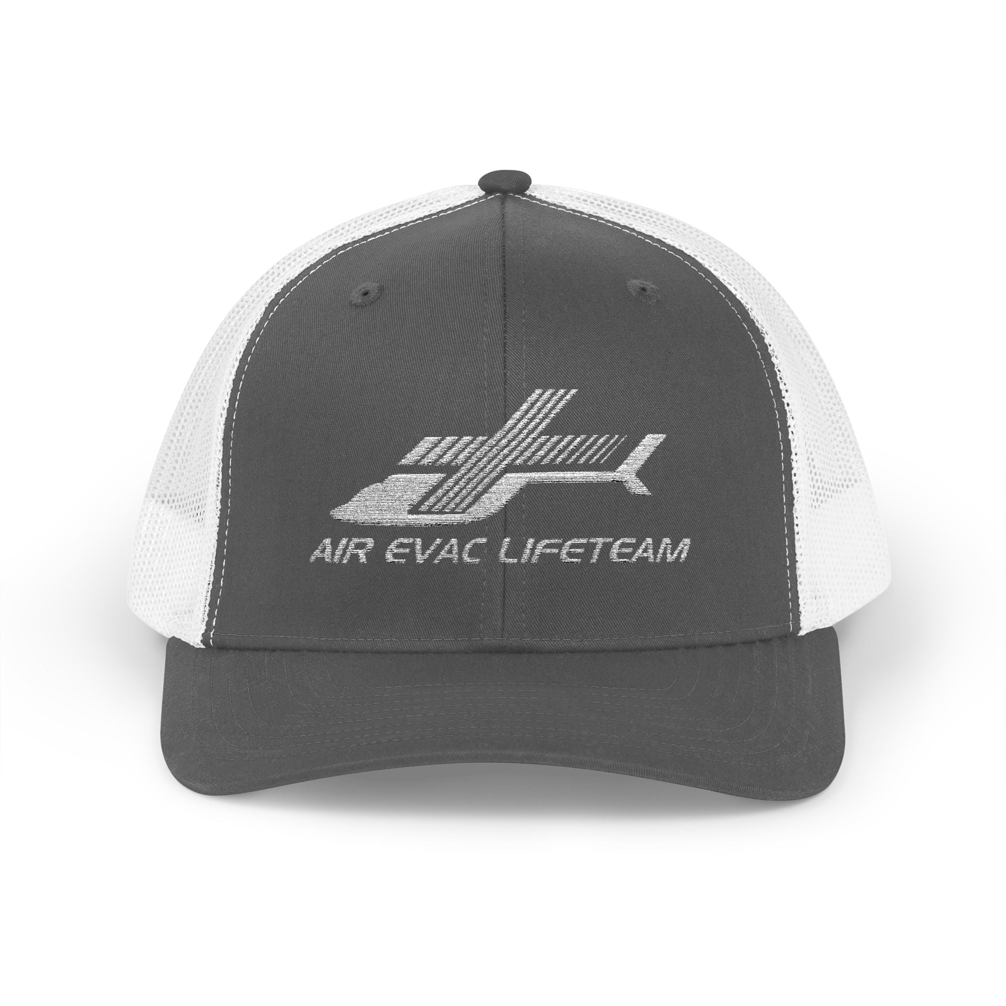 Gray and white cap with 'Air Evac Lifeteam' embroidered logo on a white background