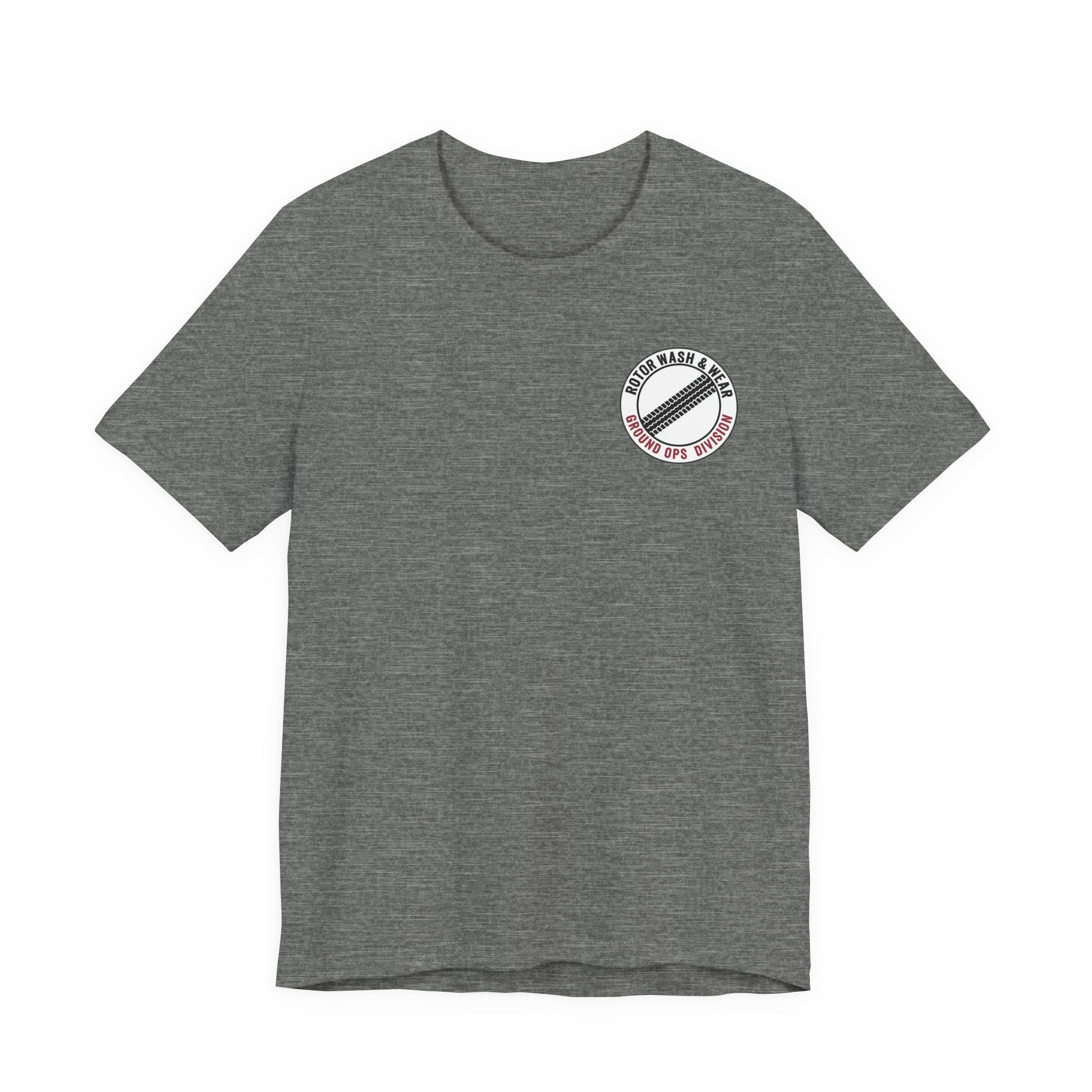 Gray t-shirt with a "Rotor Wash & Wear - Ground Ops Division" logo on the left chest on a white background