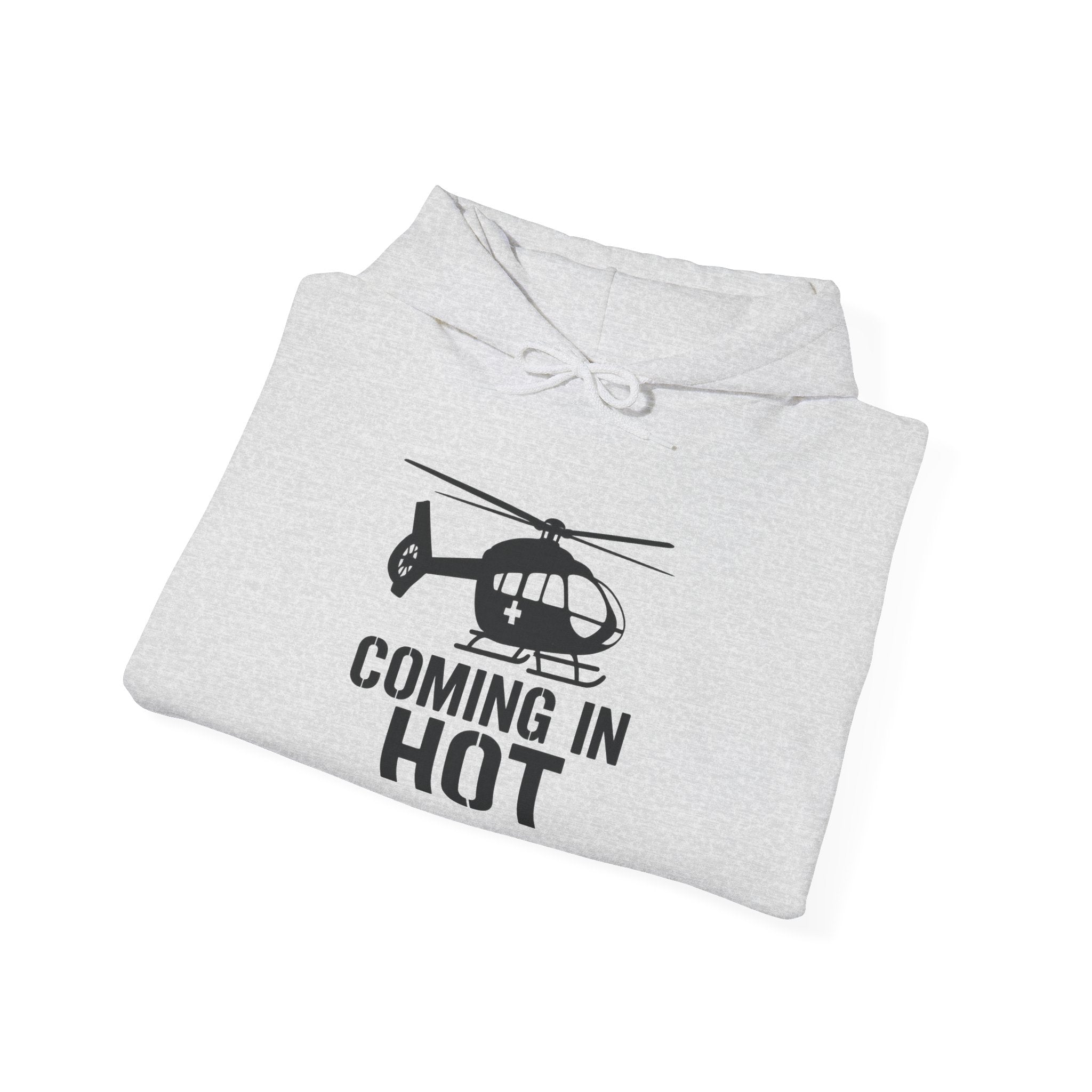Folded gray hoodie with helicopter graphic and text on a white background