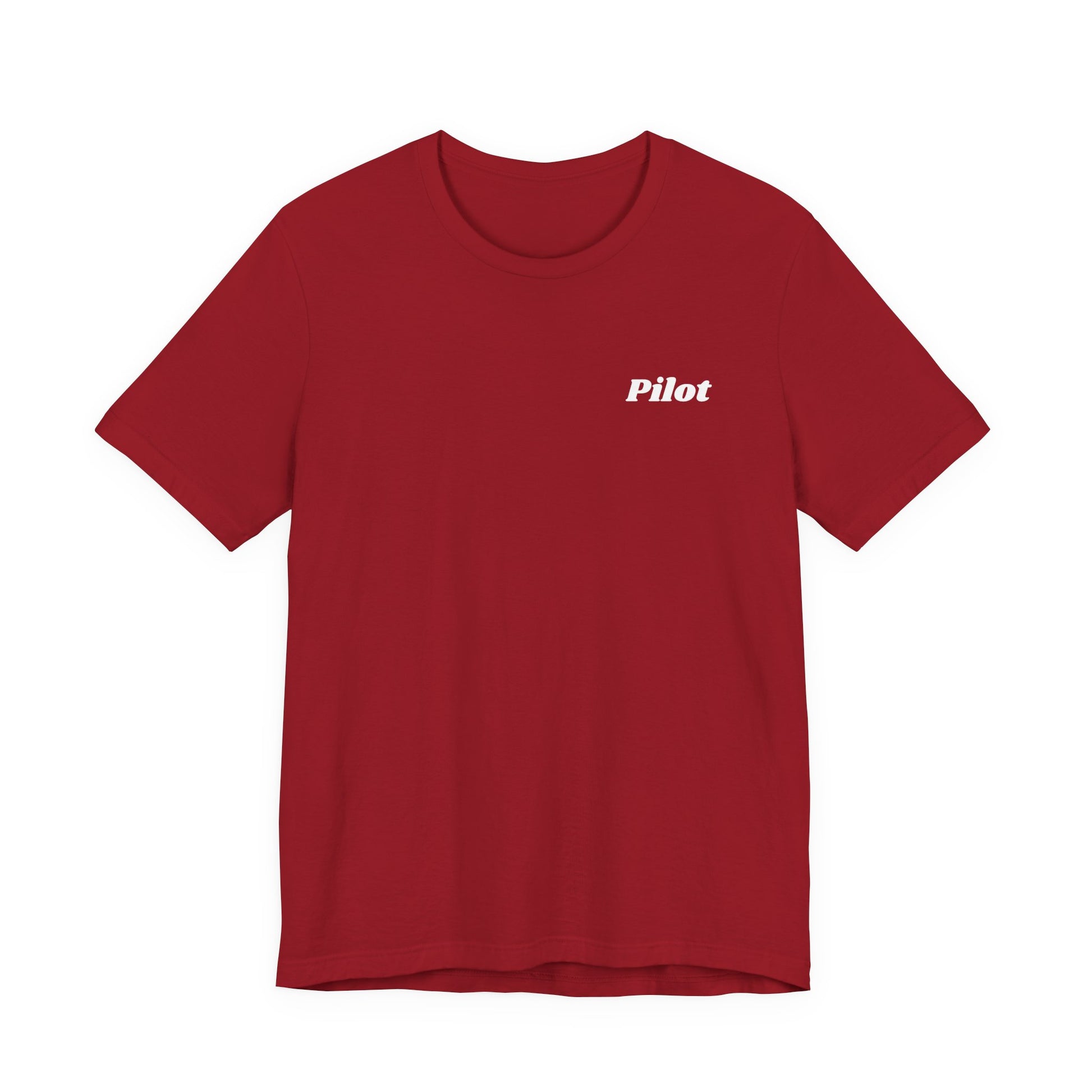 Red t-shirt with 'Pilot' text on a white background