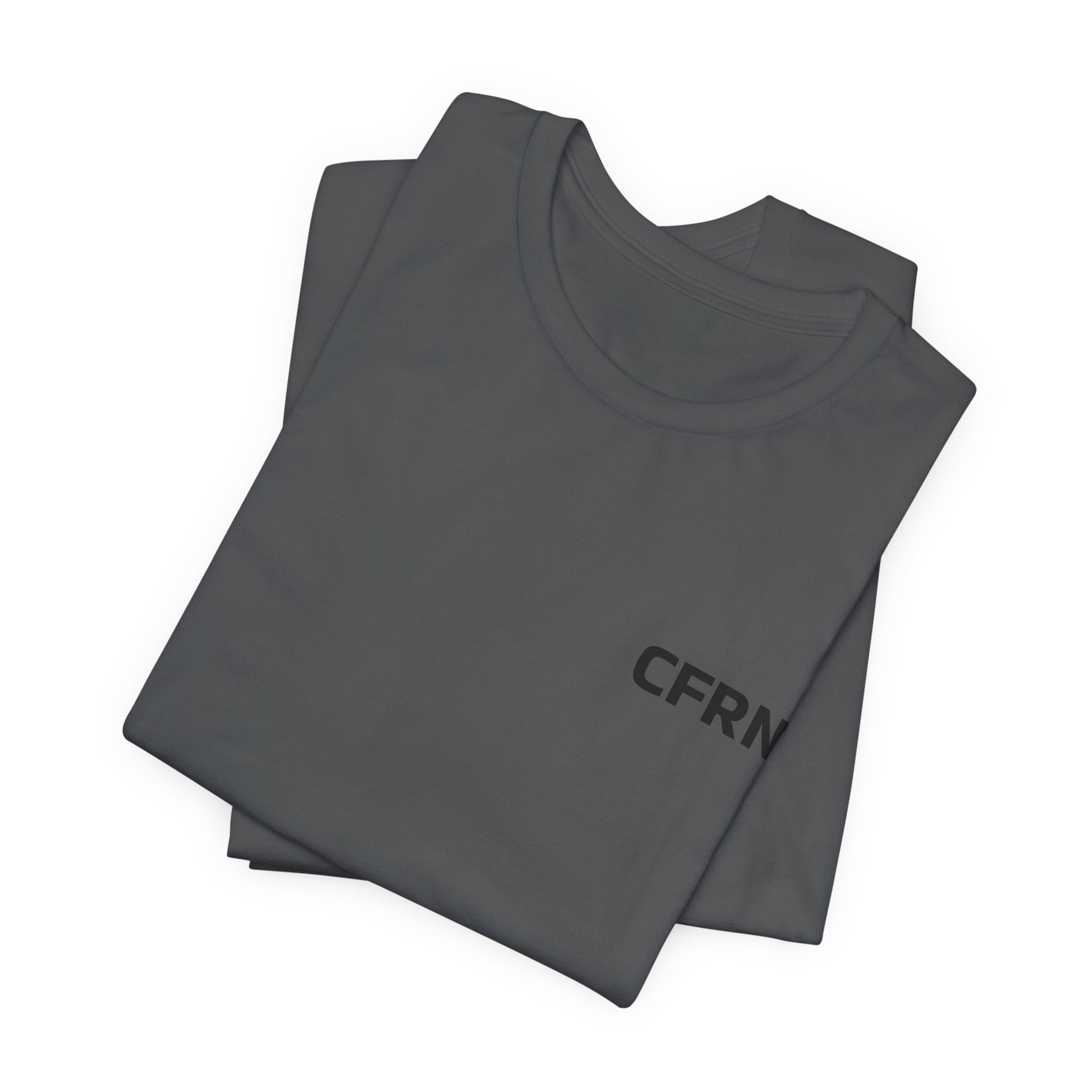 Folded dark gray t-shirt with 'CFRN' text on a white background