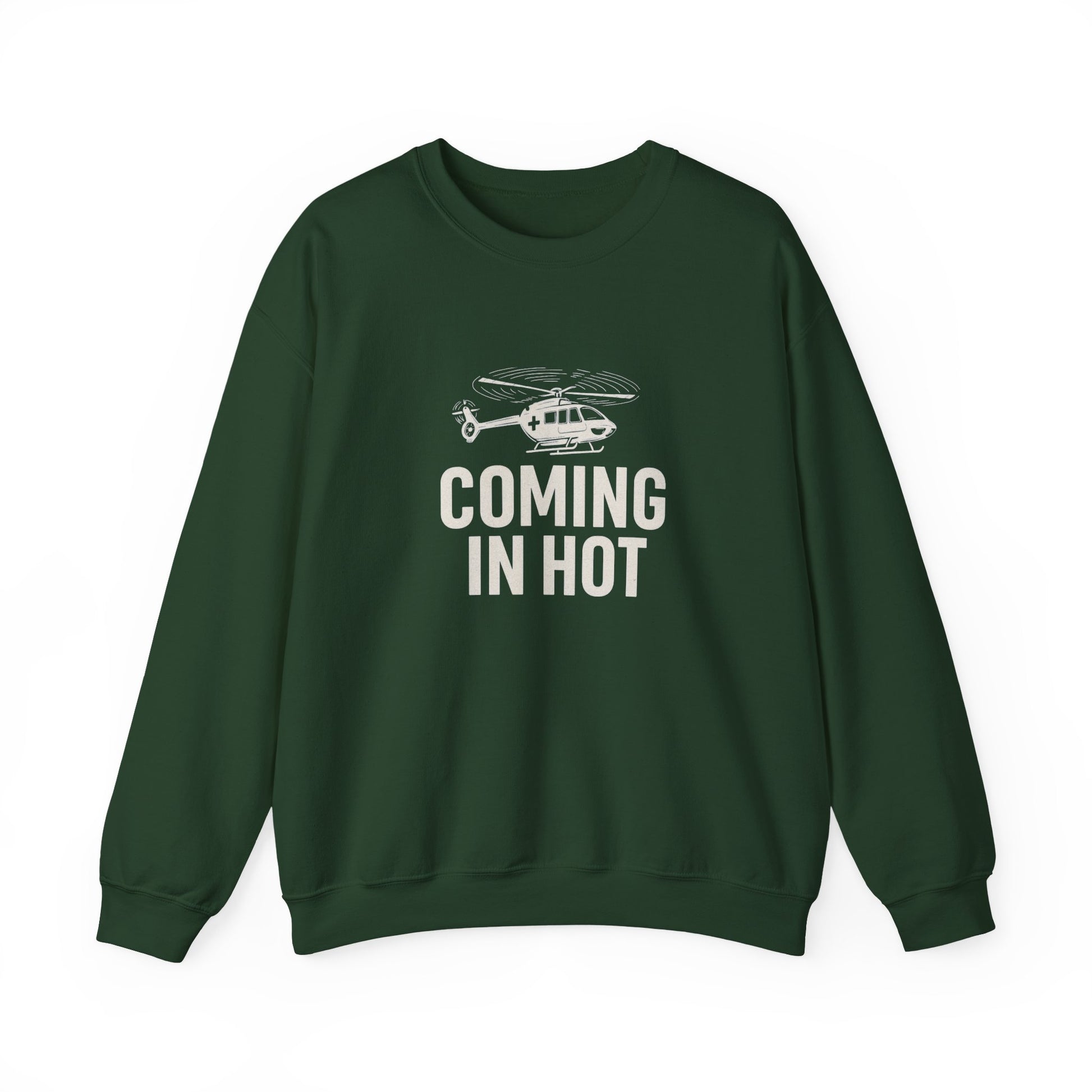 Green sweatshirt with helicopter graphic and text 'COMING IN HOT' by Rotor Wash & Wear