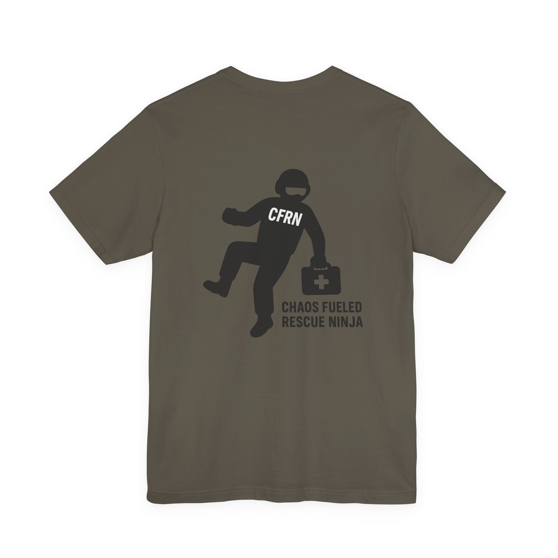 Army t-shirt with a graphic design of a flight nurse/ninja with "CFRN" on their chest and the text "chaos fueled rescue ninja" on a white background