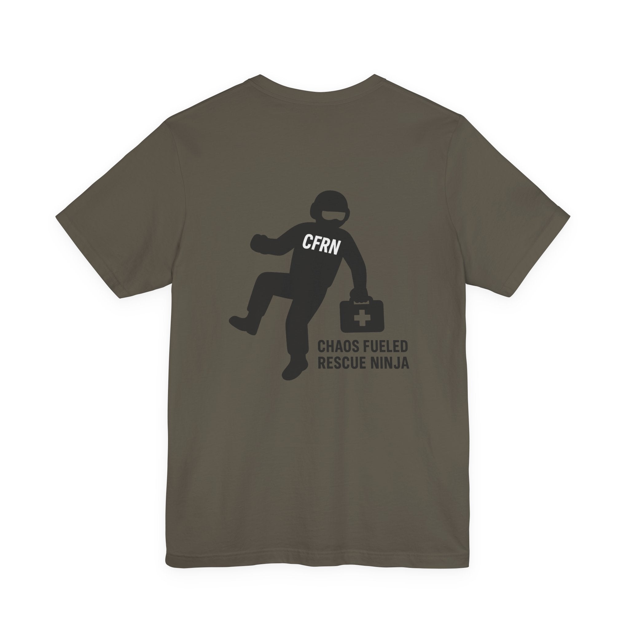 Army t-shirt with a graphic design of a flight nurse/ninja with "CFRN" on their chest and the text "chaos fueled rescue ninja" on a white background