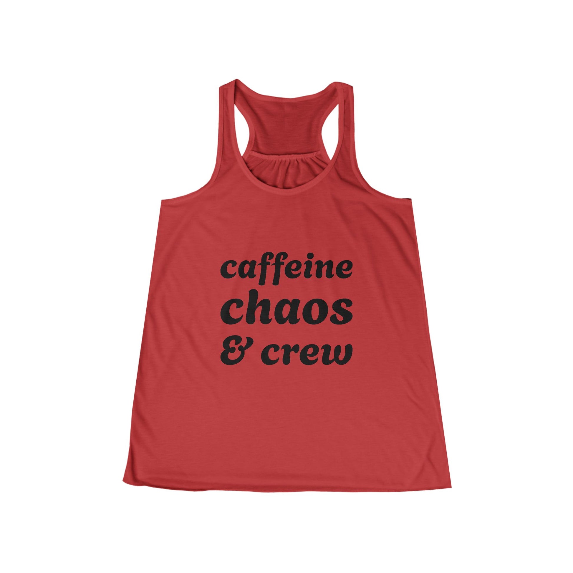 Red tank top with 'caffeine chaos & crew' text on a white background