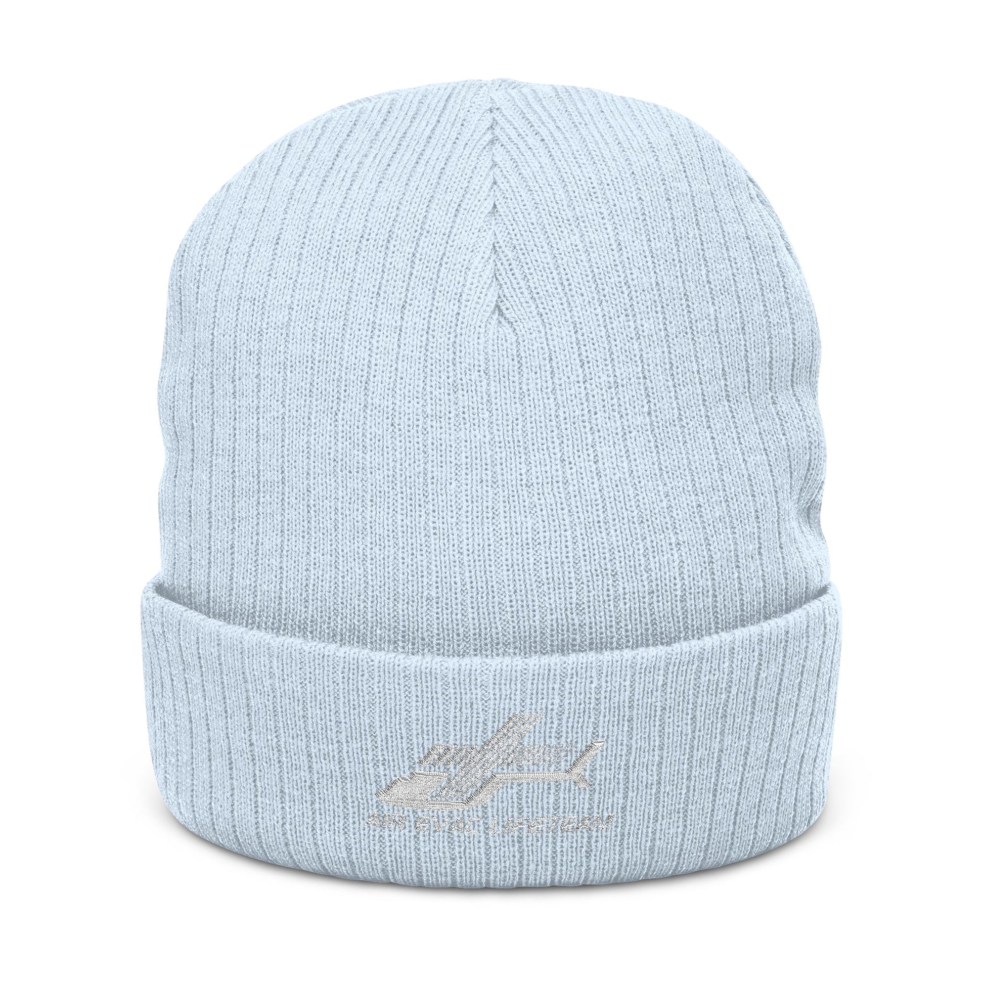 Light blue knit beanie with 'Air Evac Lifeteam' logo embroidery on a white background