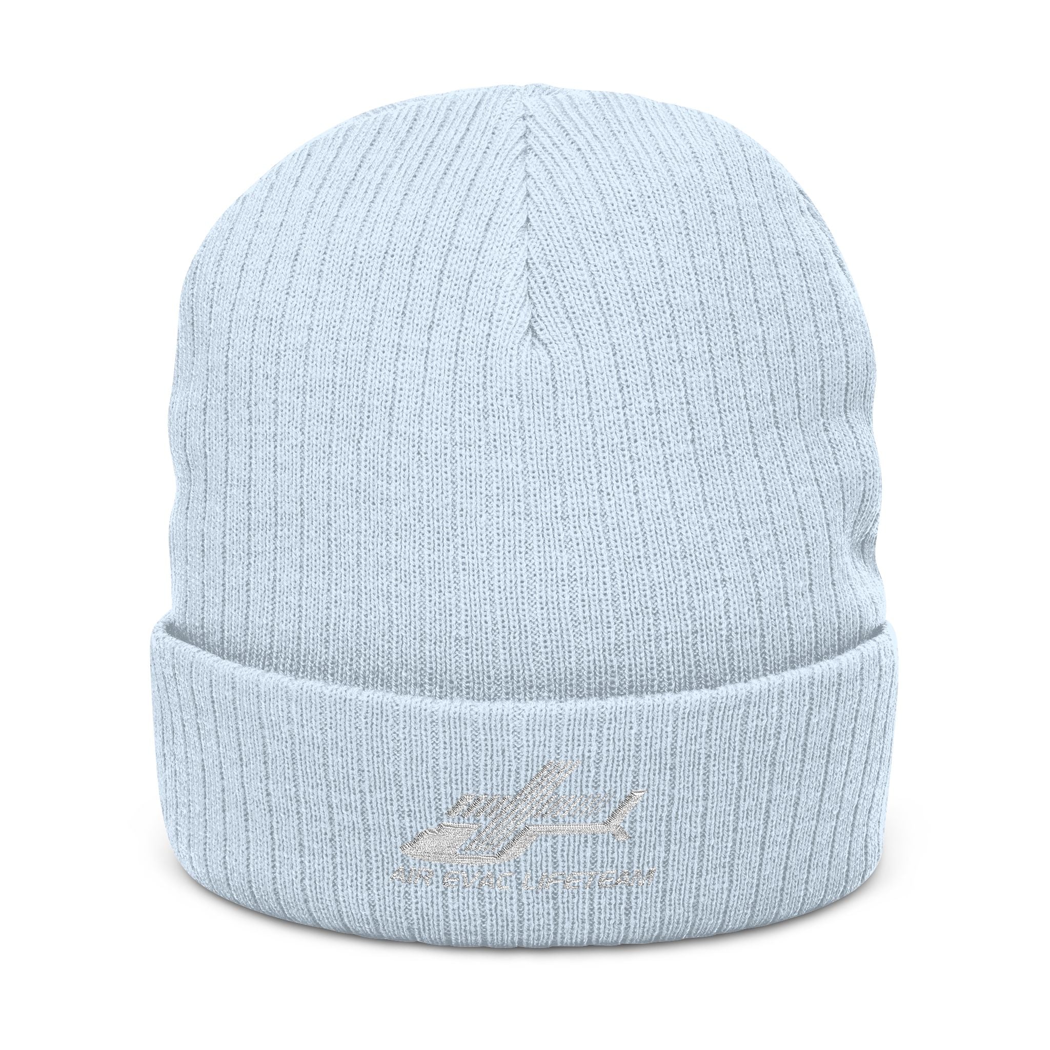 Light blue knit beanie with 'Air Evac Lifeteam' logo embroidery on a white background