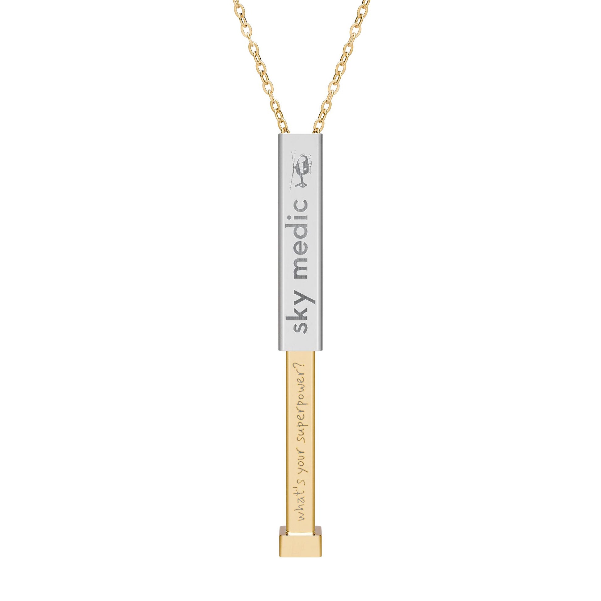Silver and gold two-toned necklace with a cylindrical pendant engraved with 'sky medic' with hidden interior engraving "What's your superpower?" by Rotor Wash & Wear