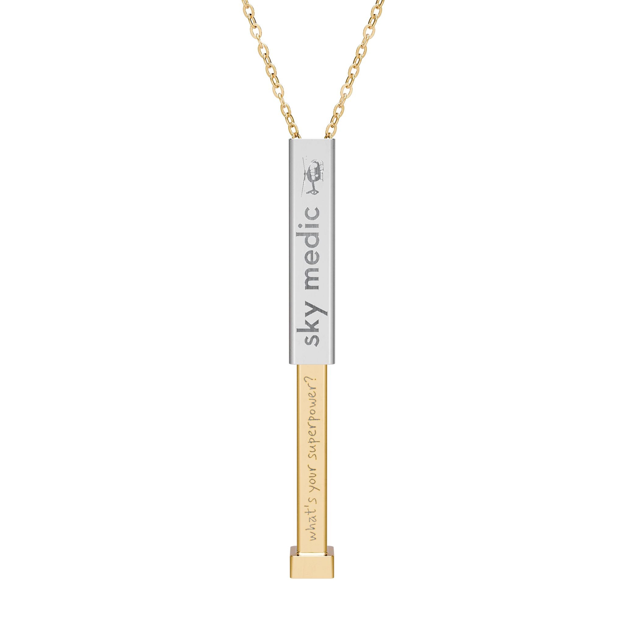 Silver and gold two-toned necklace with a cylindrical pendant engraved with 'sky medic' with hidden interior engraving "What's your superpower?" by Rotor Wash & Wear