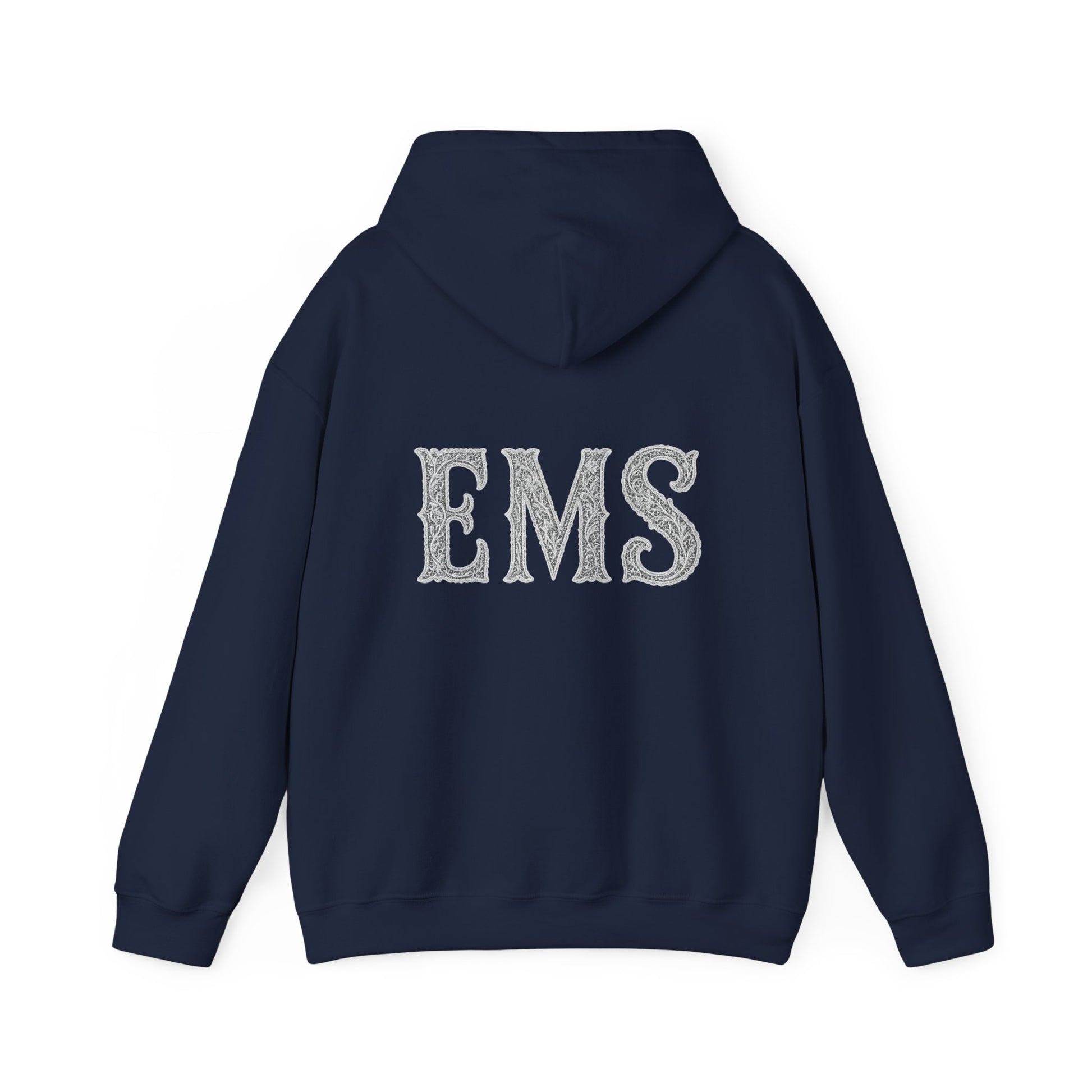 Navy blue hoodie with 'EMS' text on the back against a white background