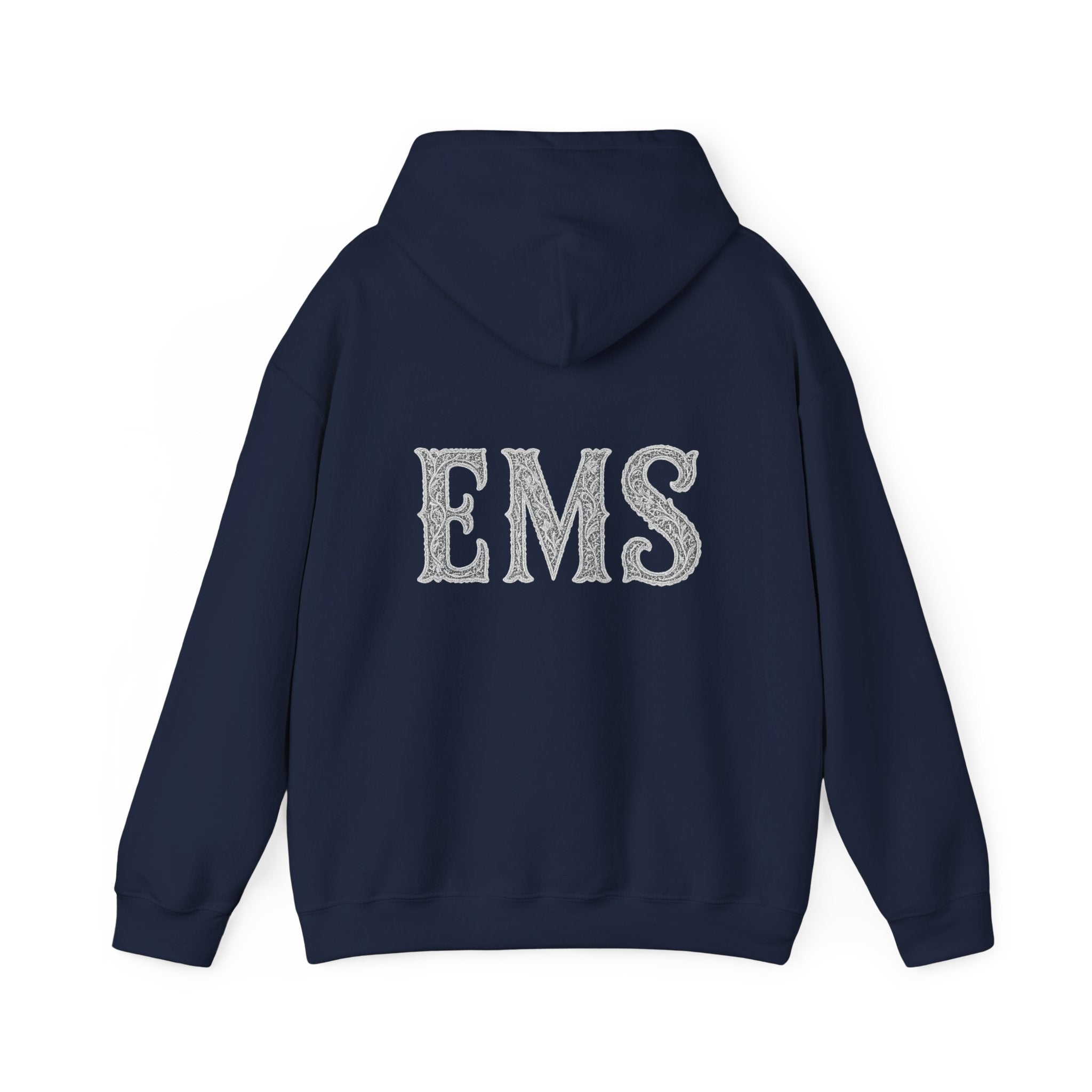 Navy blue hoodie with 'EMS' text on the back against a white background