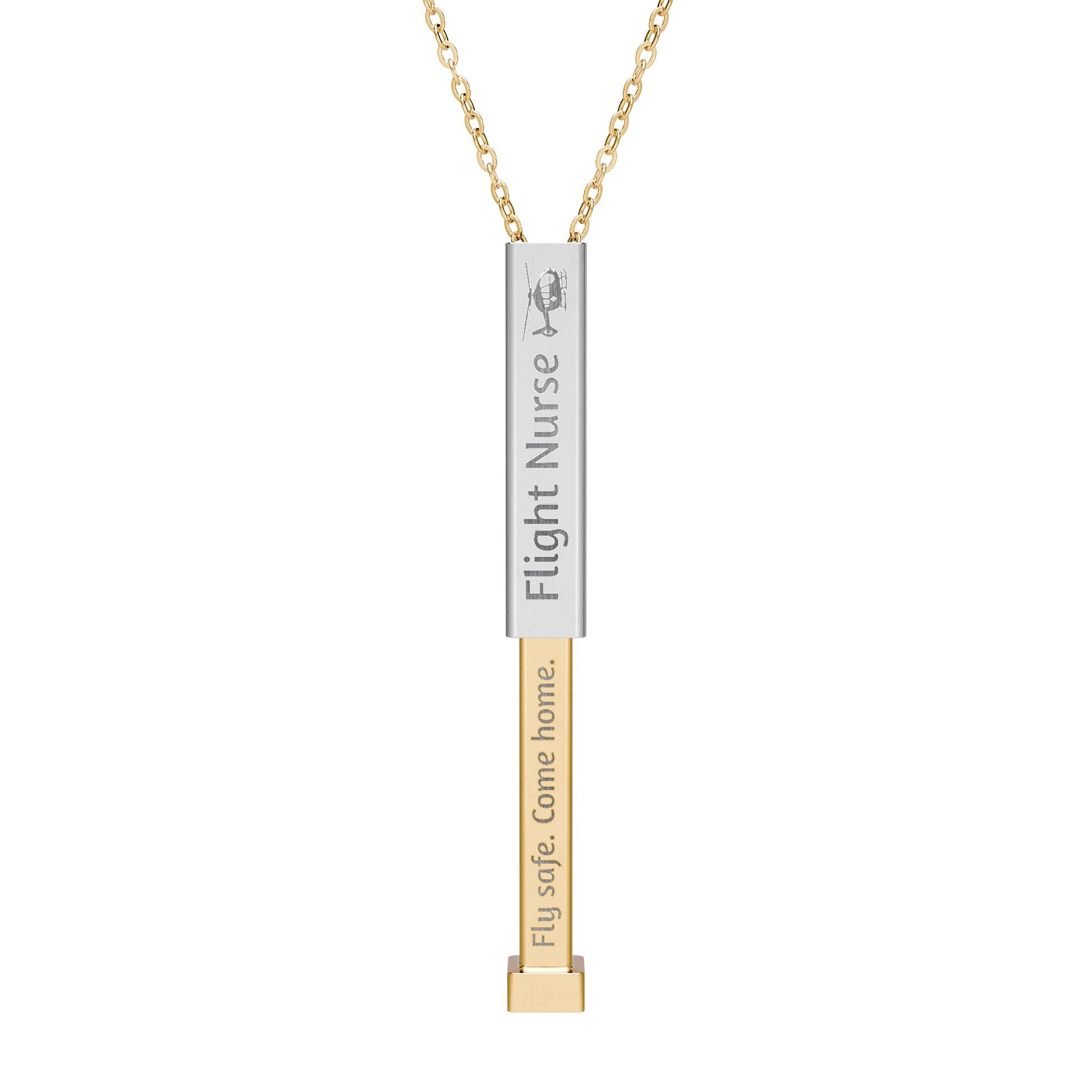 Silver and gold two-toned necklace with a cylindrical pendant engraved with 'flight nurse' with hidden interior engraving "Fly Safe. Come home." by Rotor Wash & Wear
