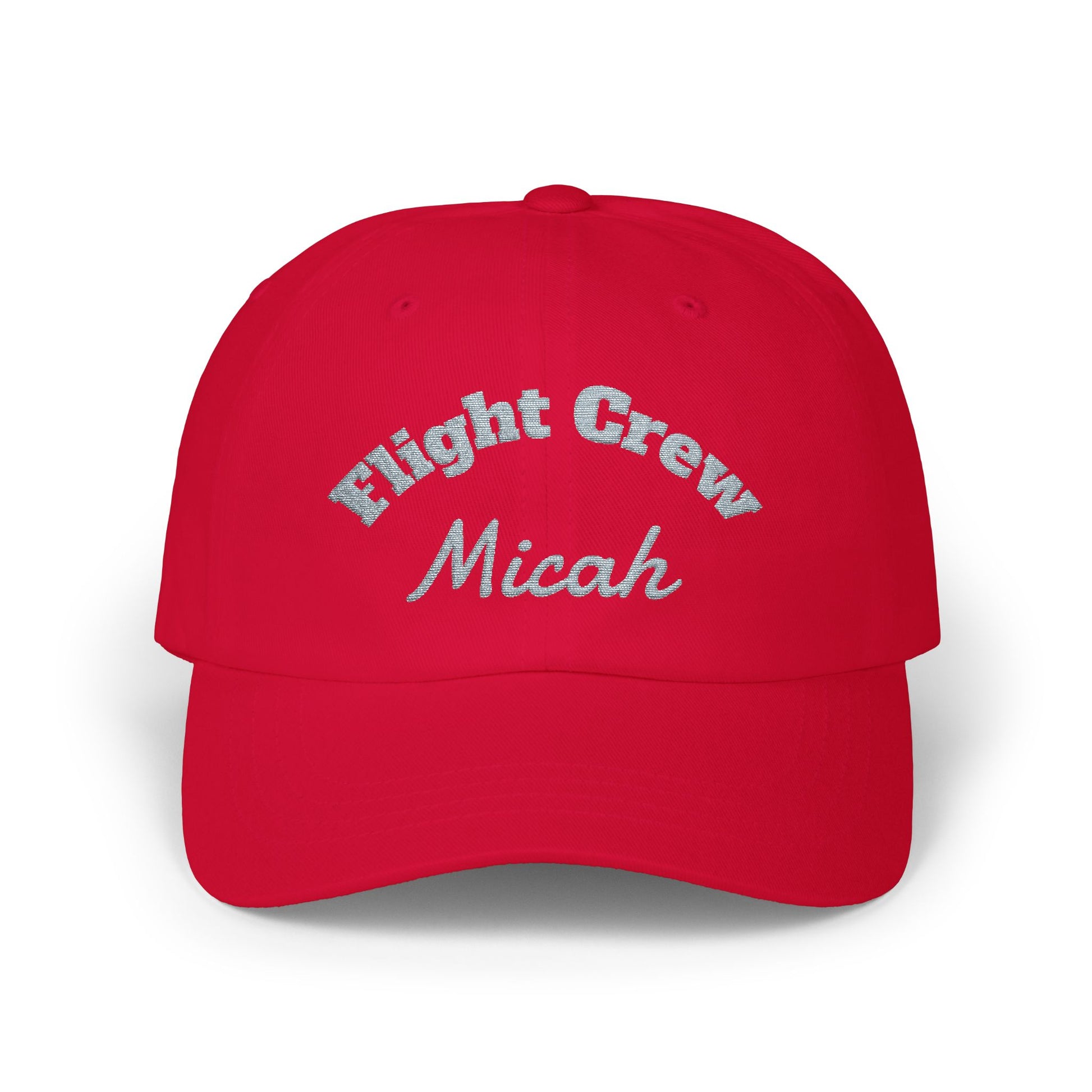 Red cap with 'Flight Crew Micah' text on a white background