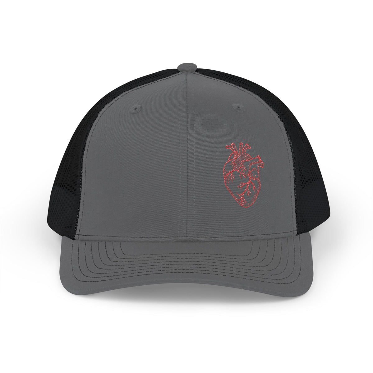 Gray and black trucker hat with an embroidered anatomical heart design by Rotor Wash & Wear