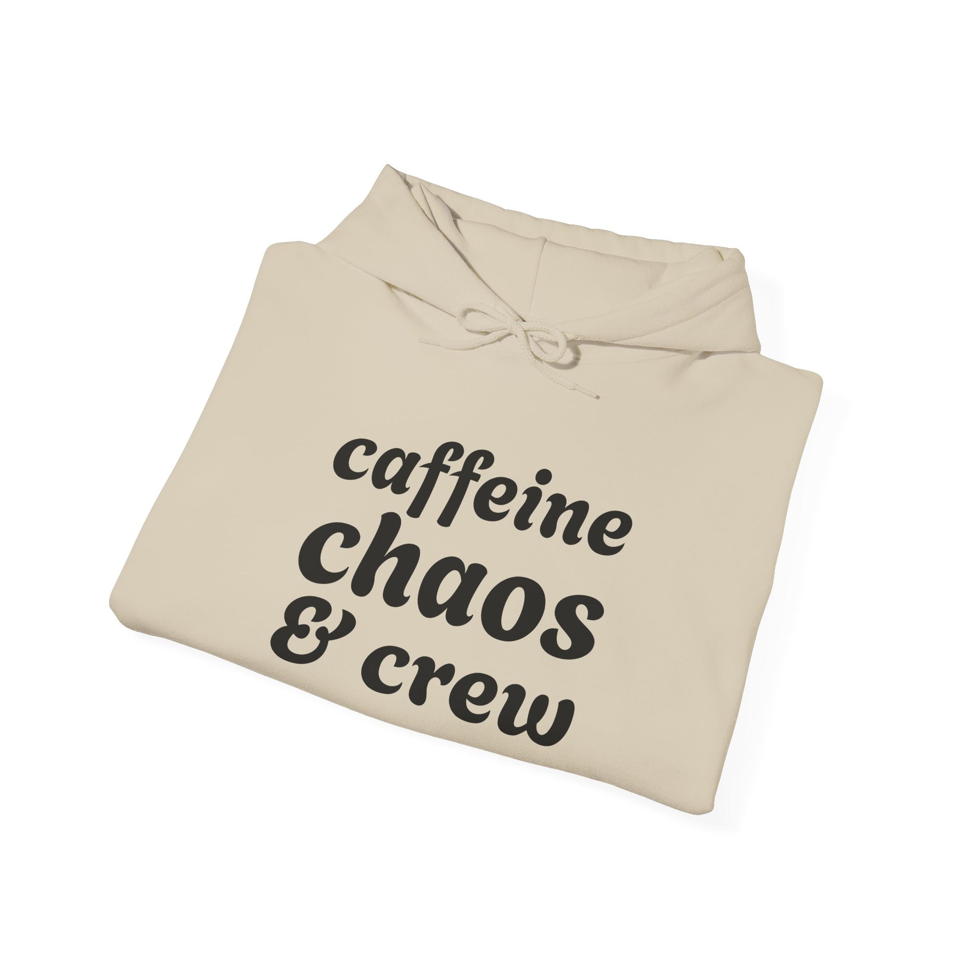 Beige hoodie with 'caffeine chaos & crew' text on a white background