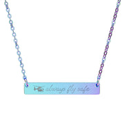 Necklace with a bar pendant that says 'always fly safe' with a medical helicopter on a white background