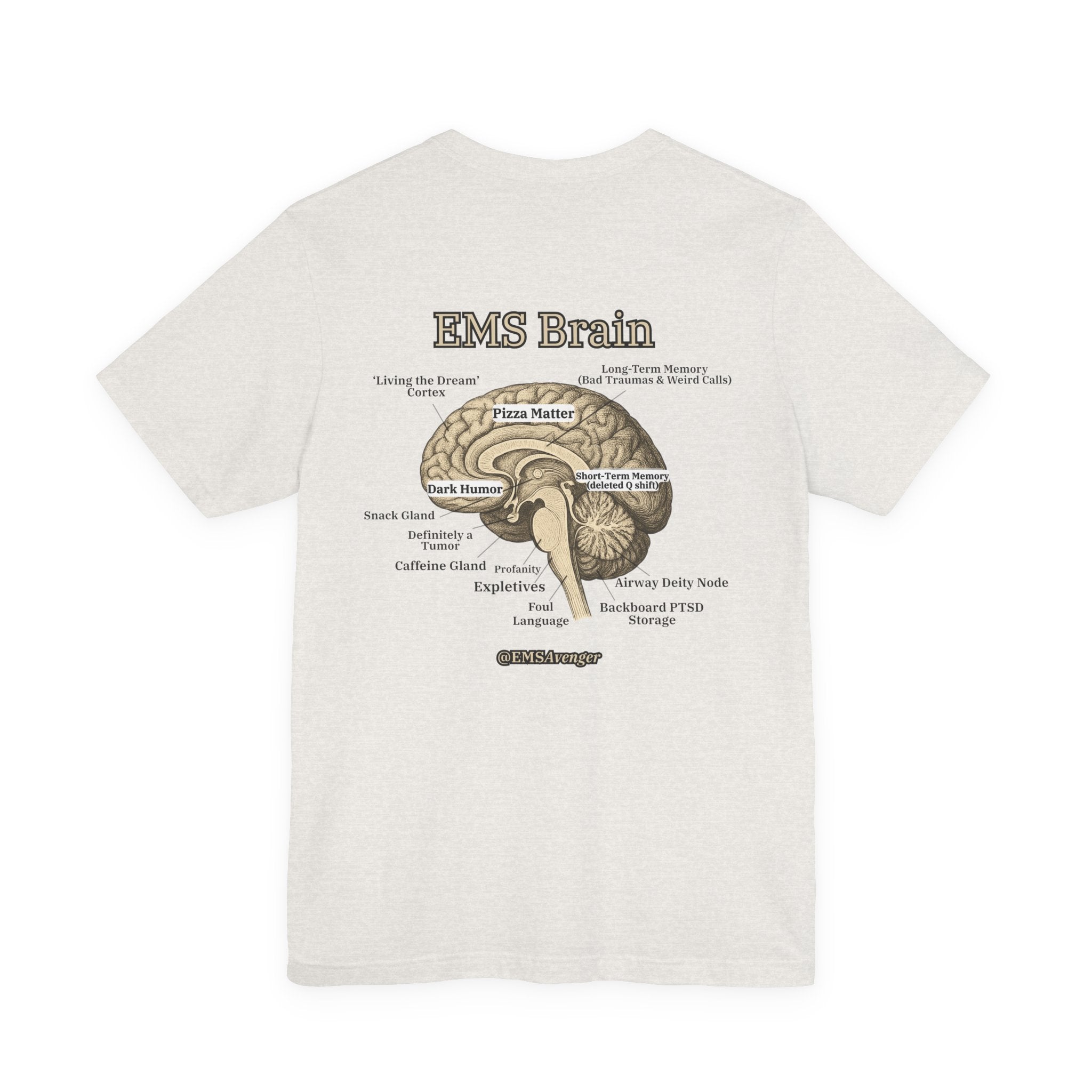 Heather cement t-shirt with a funny brain diagram and text "EMS Brain" on the back by Rotor Wash & Wear
