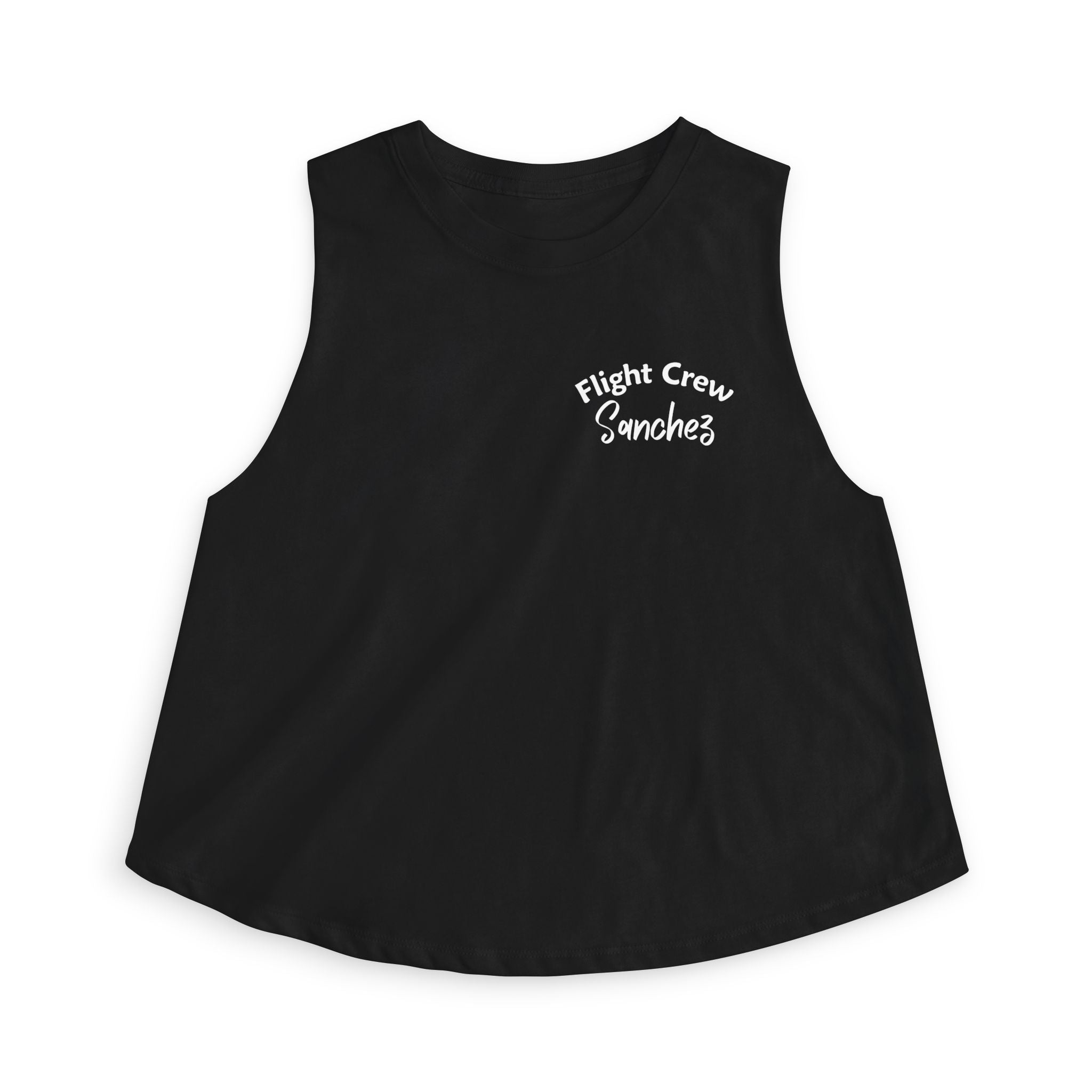 Black sleeveless shirt with 'Flight Crew Sanchez' text by Rotor Wash & Wear