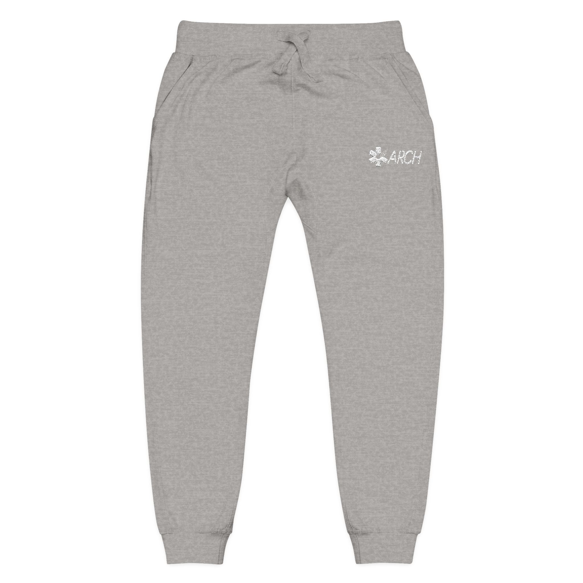 Gray joggers with embroidered ARCH logo by Rotor Wash & Wear