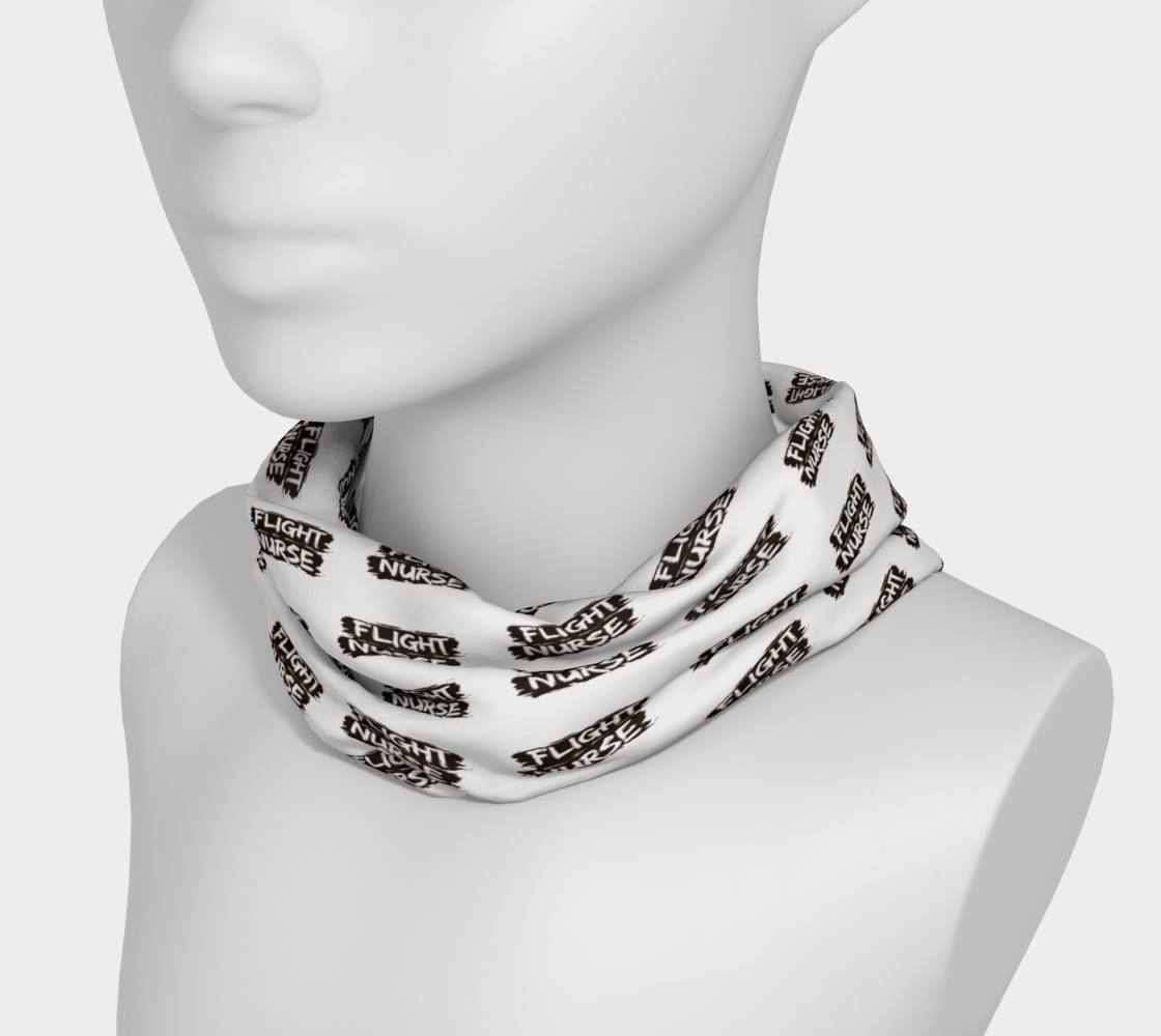 Mannequin wearing a white neck gaiter with black text "Flight Nurse" and black graphics