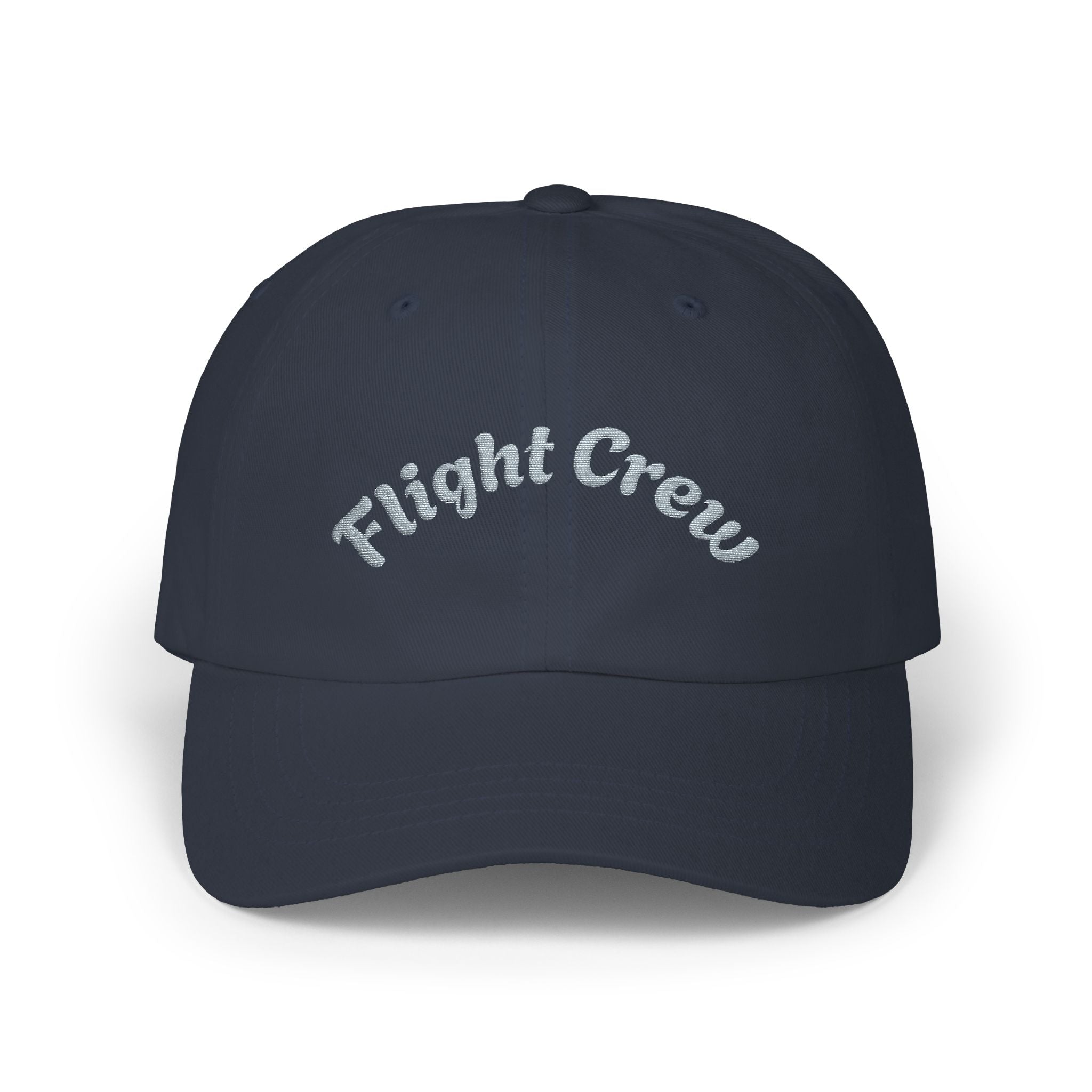 Navy blue cap with 'Flight Crew' text on a white background