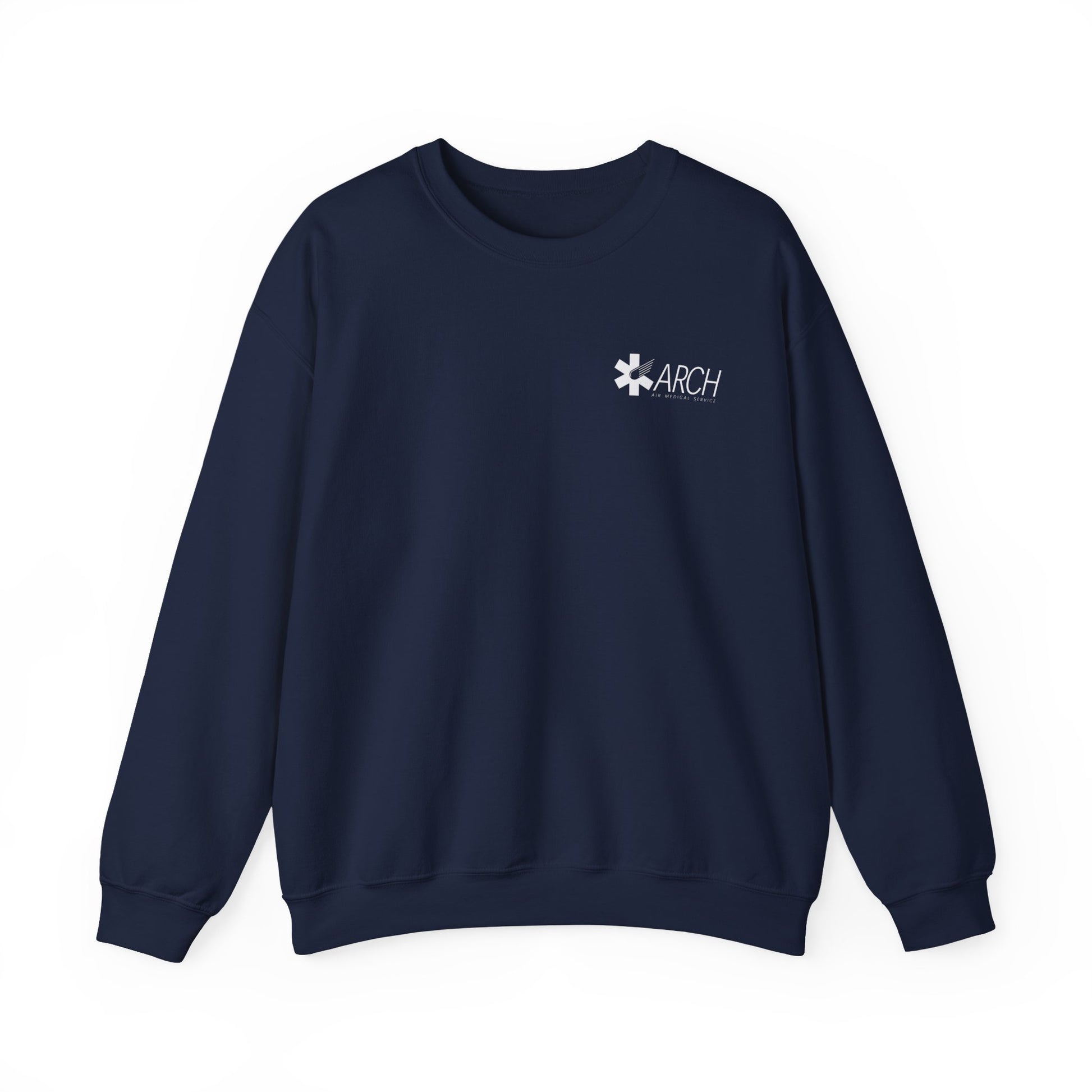 Nacy crewneck sweatshirt with a small ARCH by Air Methods logo on the left chest by Rotor Wash & Wear