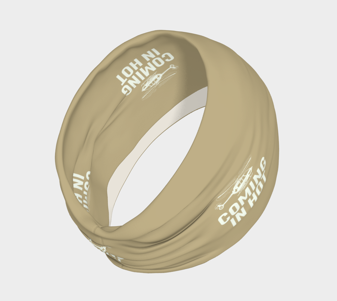 Beige headband with 'Coming in hot' text and helicopter graphics on a light gray background