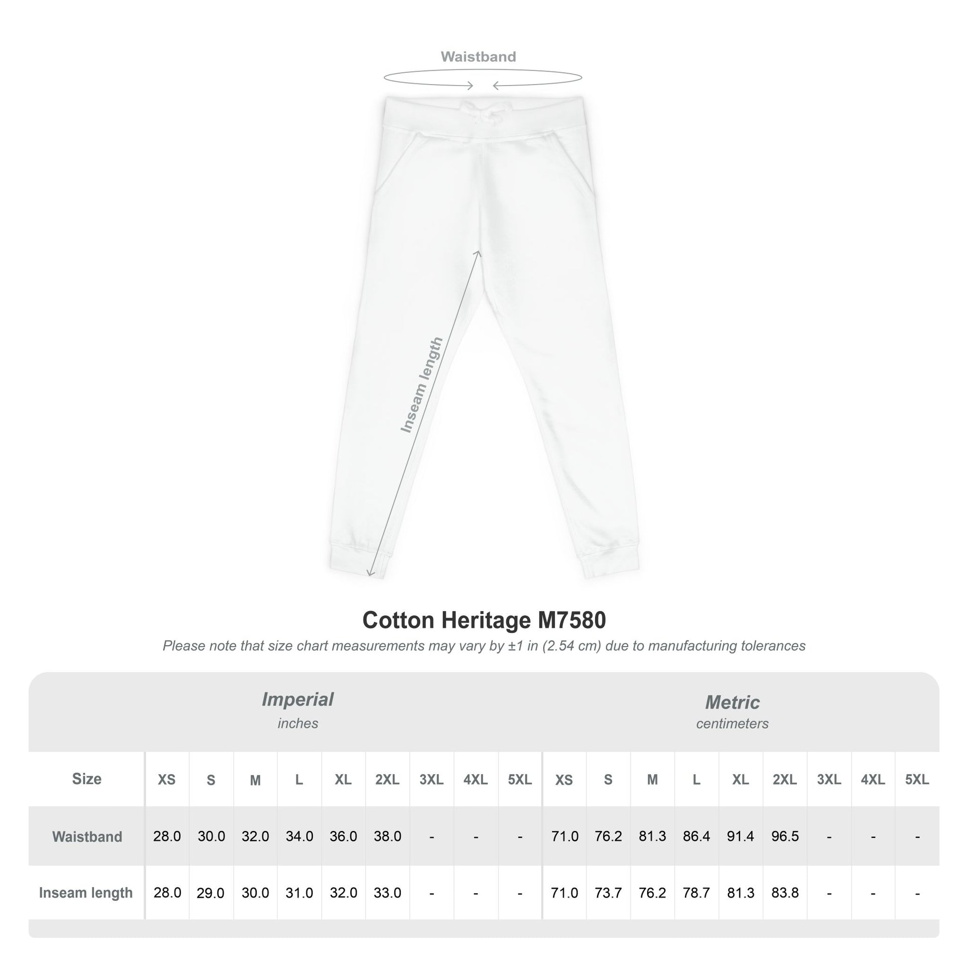 White pants with waistband measurement and size chart on a white background