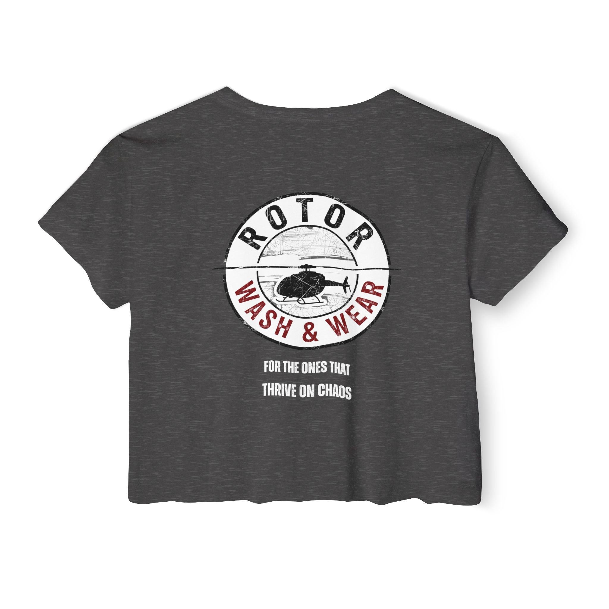 Dark gray crop top with a white logo "Rotor Wash & Wear" with text "for the ones that thrive on chaos" on a white background