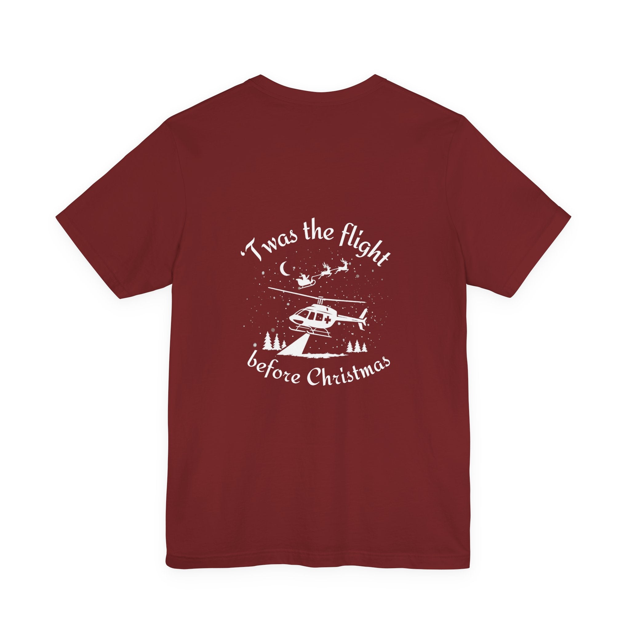 Dark red  t-shirt with white helicopter graphic in the snow with Santa and his sleigh in the background and text "'Twas the flight before Christmas" by Rotor Wash & Wear