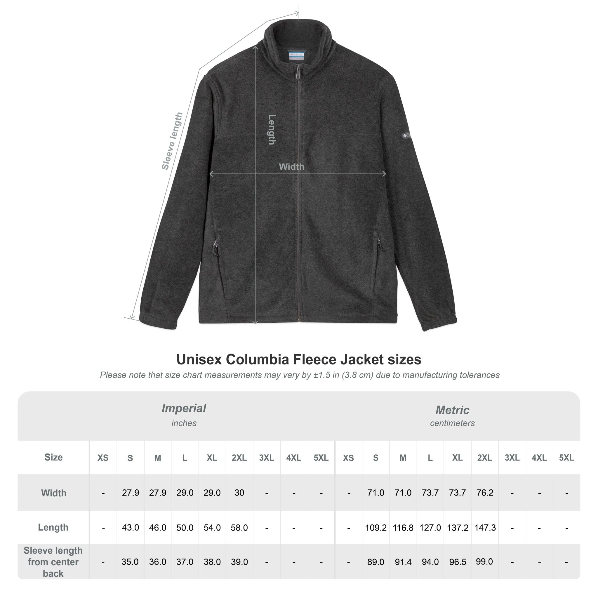 Unisex Columbia fleece jacket with size chart on a white background