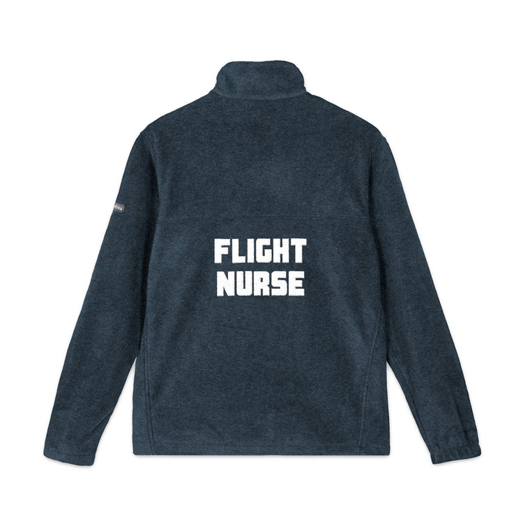 Navy Columbia fleece jacket with 'FLIGHT NURSE' text on the back against a white background