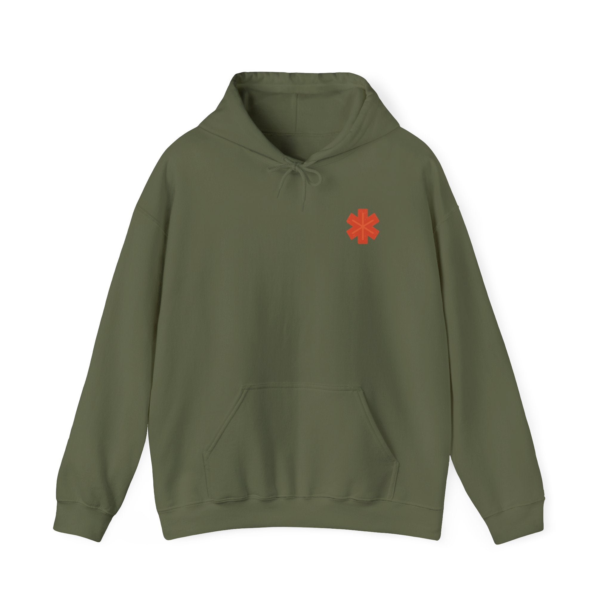 Green hoodie with a red asterisk symbol on a white background