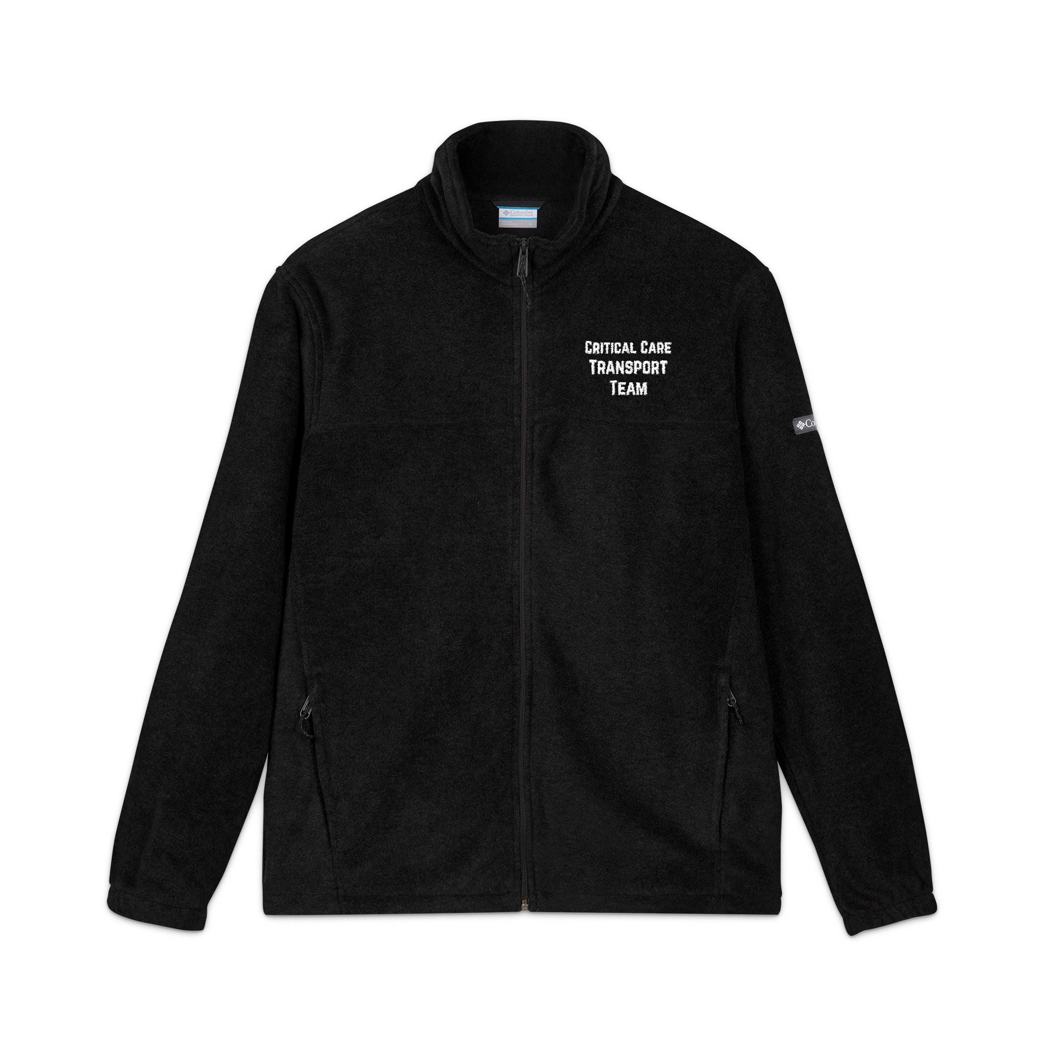 Black Columbia fleece jacket with 'Critical Care Transport Team' embroidered text by Rotor Wash & Wear