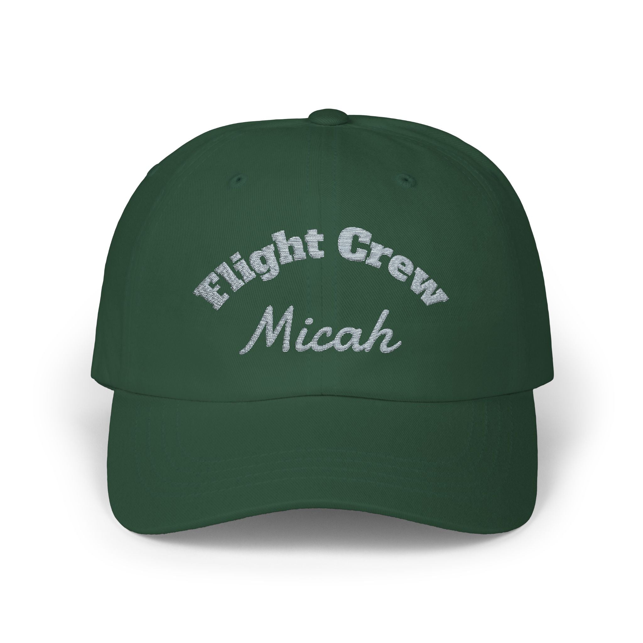 Green cap with 'Flight Crew Micah' text on a white background