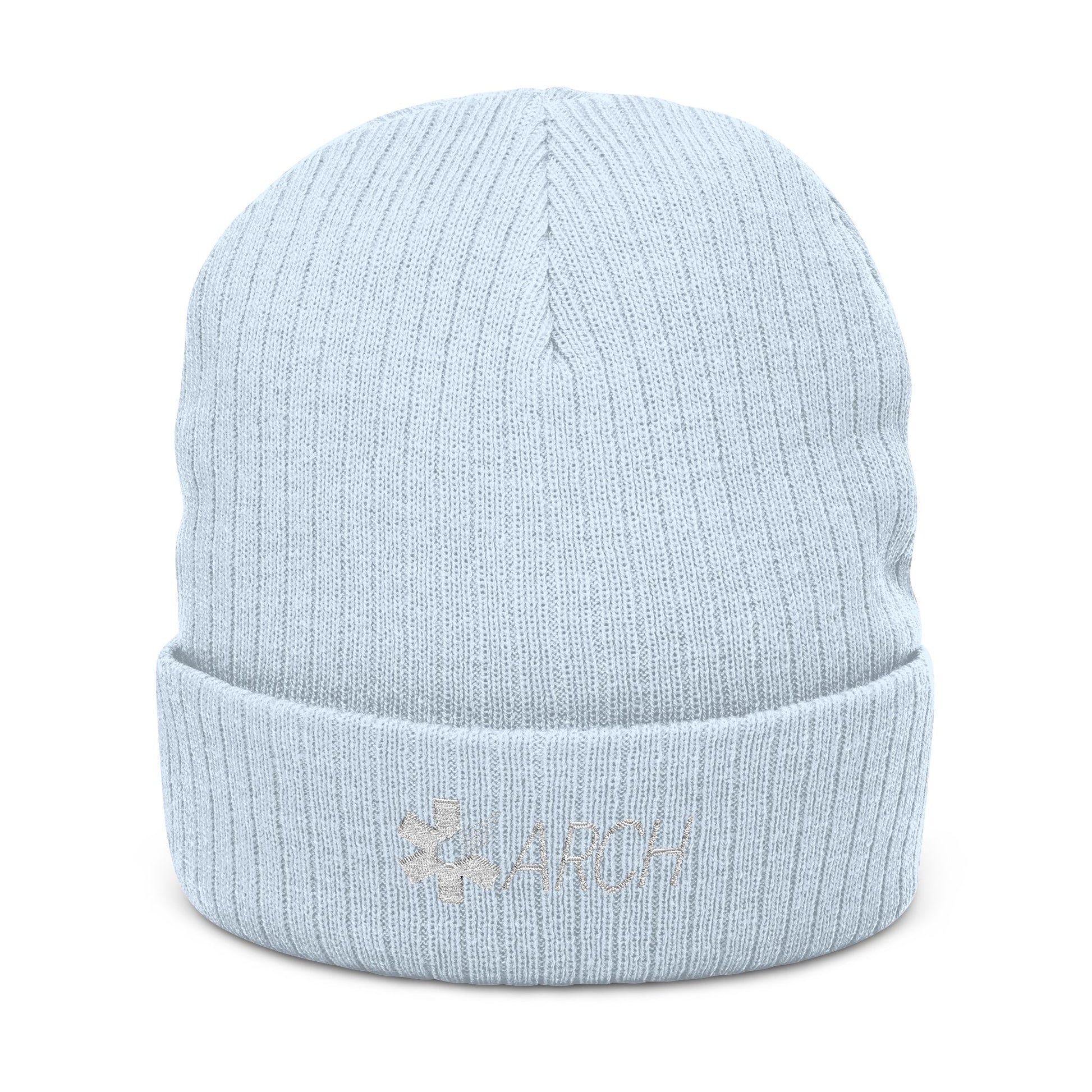 Light blue knit beanie with embroidered 'ARCH' logo by Rotor Wash & Wear