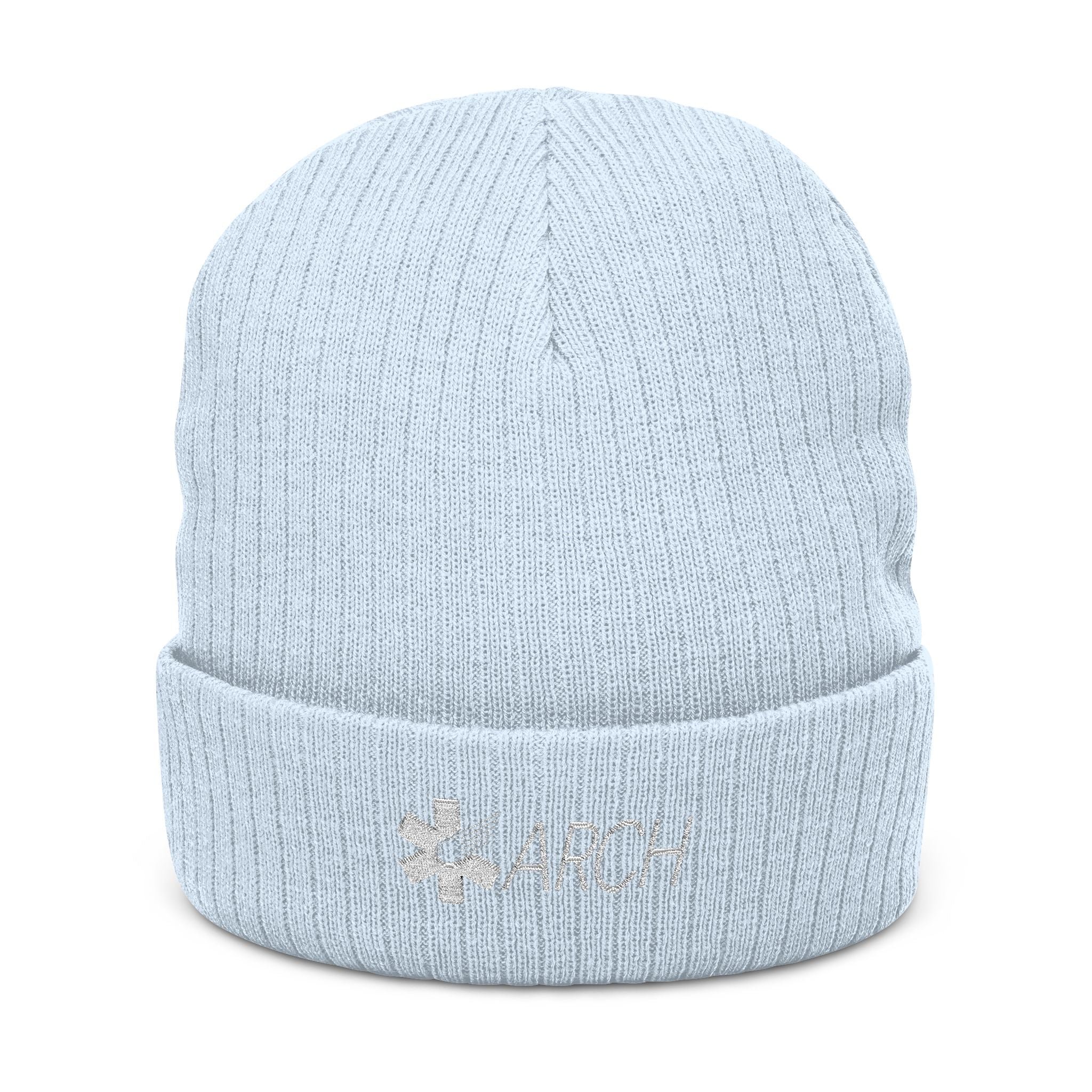 Light blue knit beanie with embroidered 'ARCH' logo by Rotor Wash & Wear