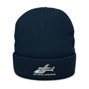 Navy blue knit beanie with 'Air Evac Lifeteam' logo embroidery on a white background