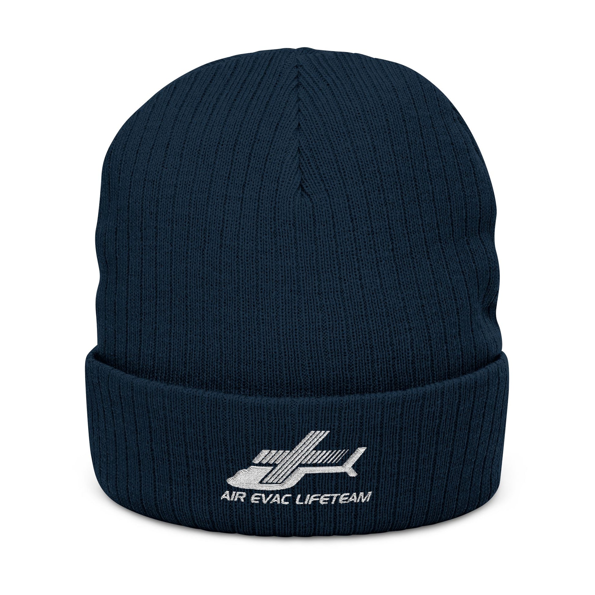 Navy blue knit beanie with 'Air Evac Lifeteam' logo embroidery on a white background