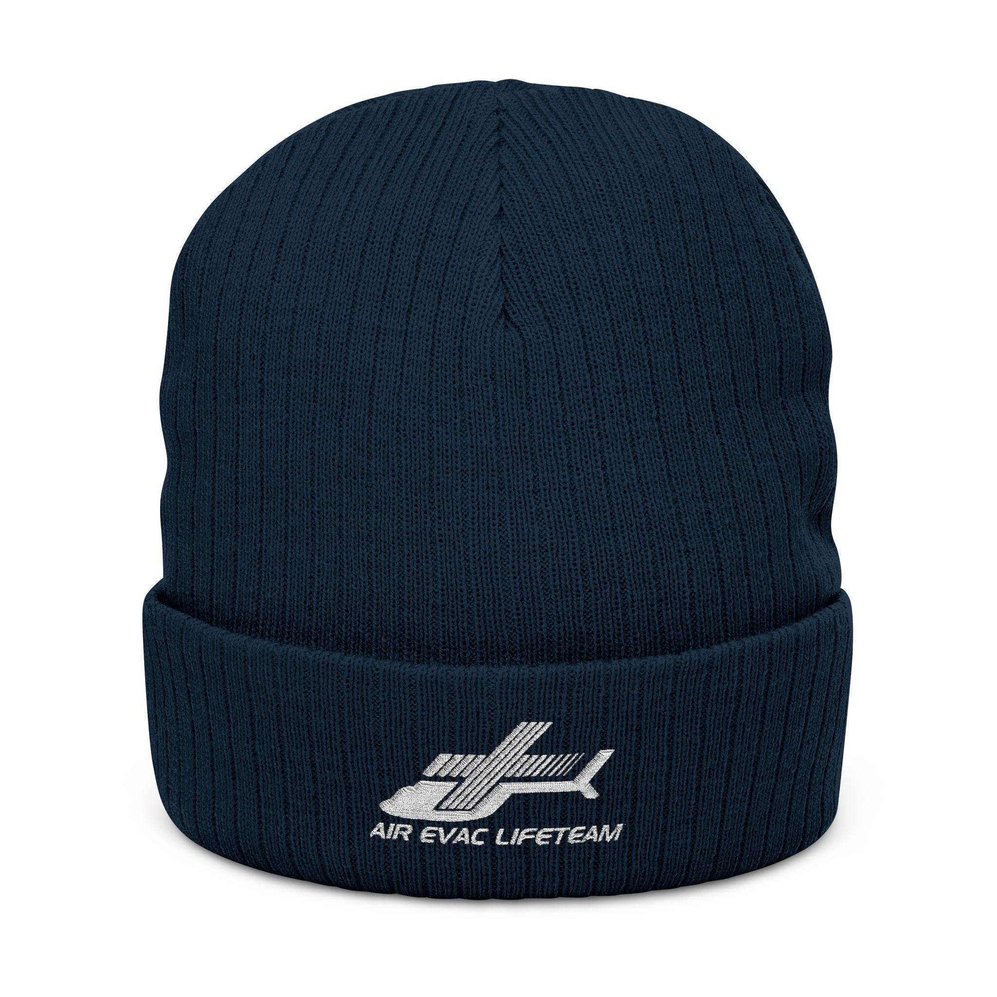 Navy blue knit beanie with 'Air Evac Lifeteam' logo embroidery on a white background