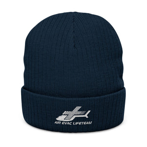 Navy blue knit beanie with 'Air Evac Lifeteam' logo embroidery on a white background